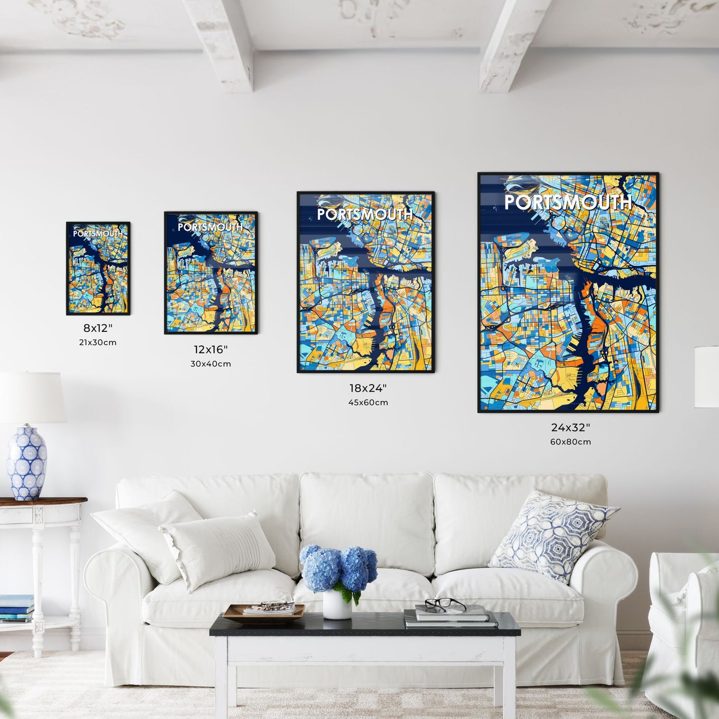 PORTSMOUTH VIRGINIA Vibrant Colorful Art Map Poster Blue Orange