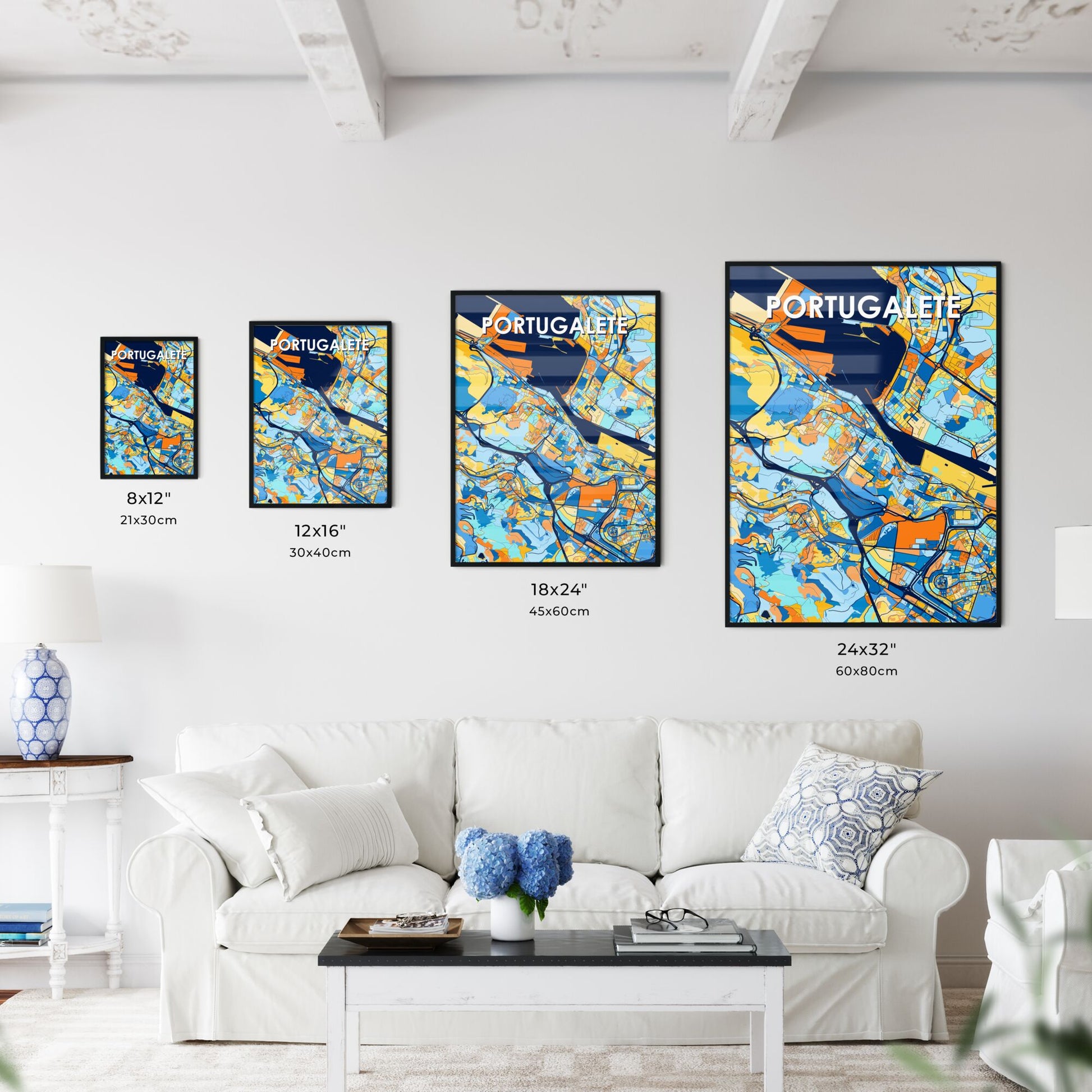 PORTUGALETE SPAIN Vibrant Colorful Art Map Poster Blue Orange