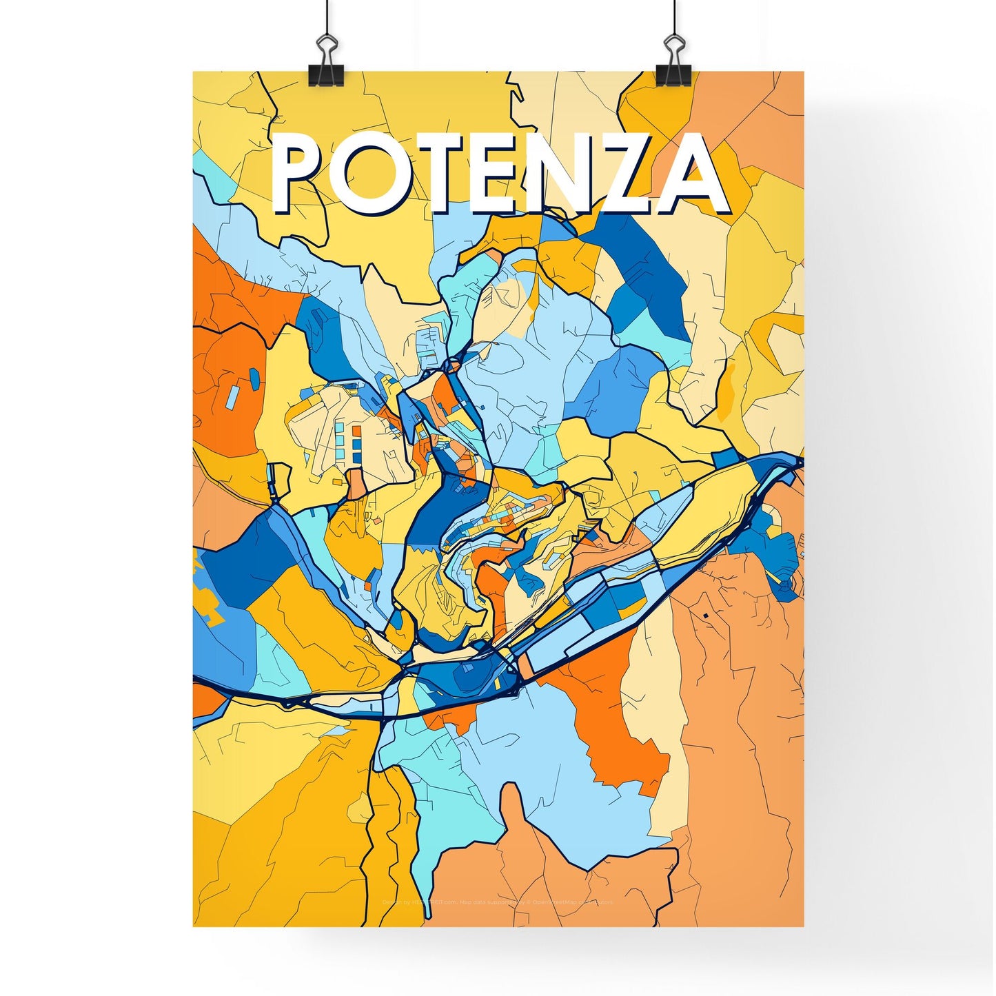 POTENZA ITALY Vibrant Colorful Art Map Poster Blue Orange