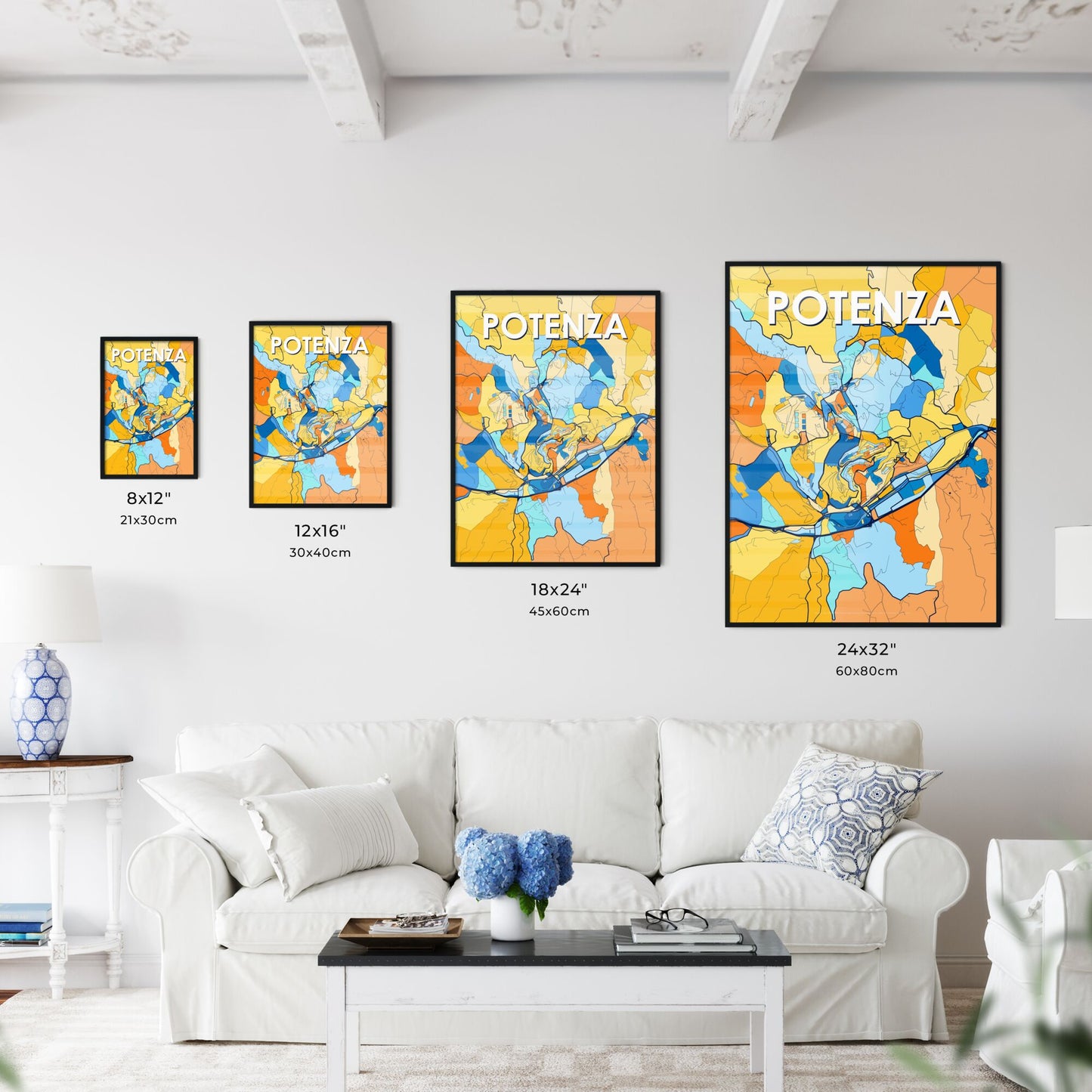 POTENZA ITALY Vibrant Colorful Art Map Poster Blue Orange