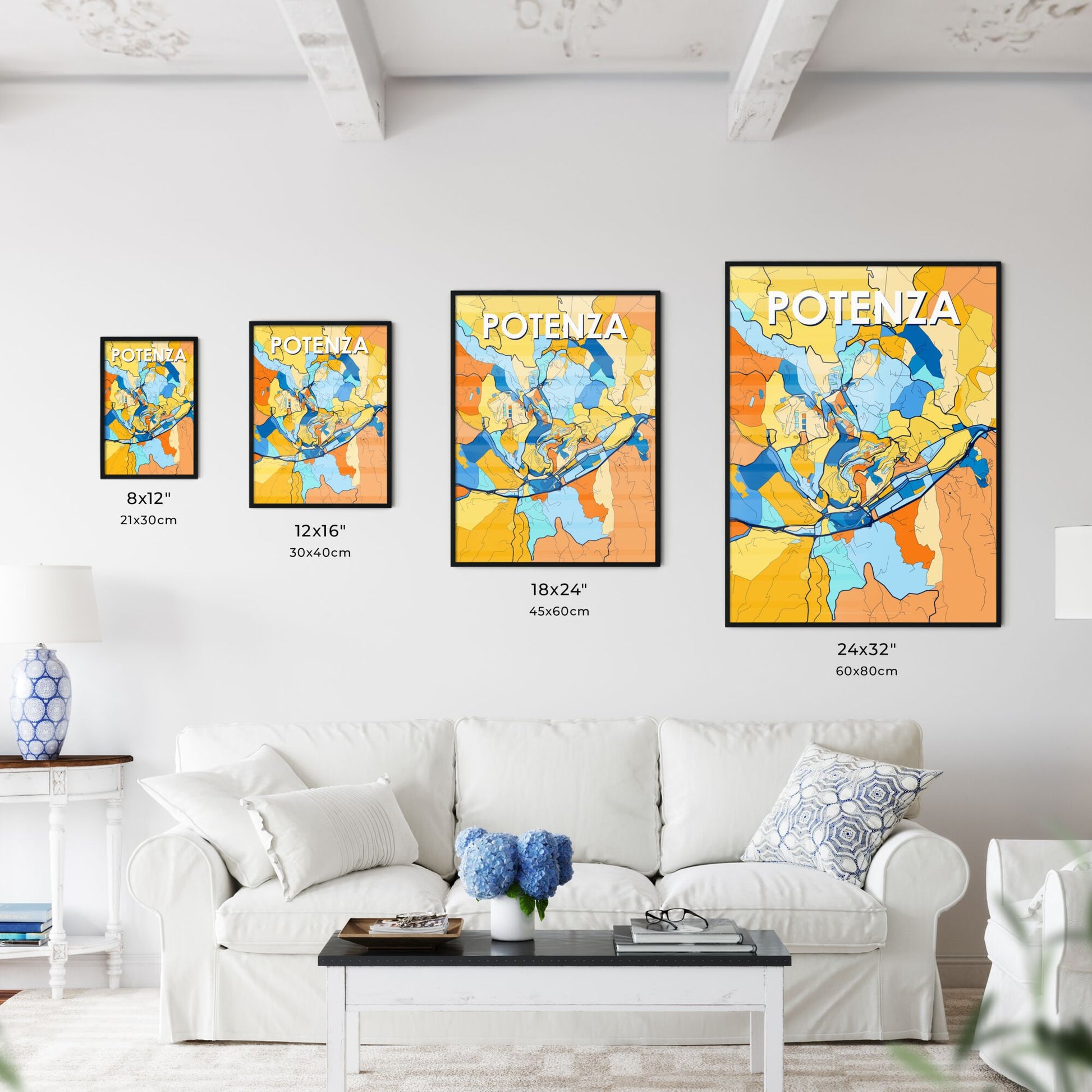 POTENZA ITALY Vibrant Colorful Art Map Poster Blue Orange