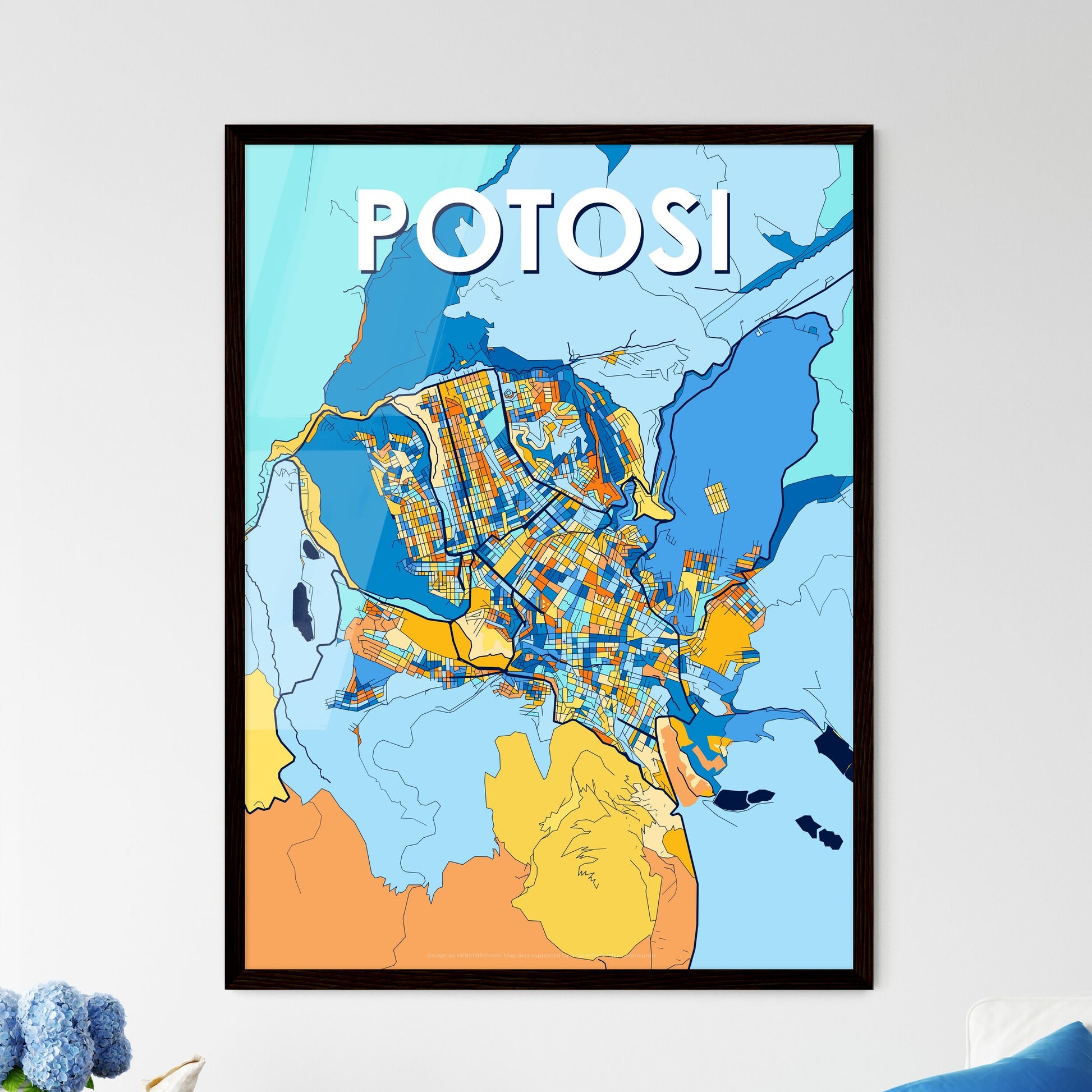 POTOSI BOLIVIA Vibrant Colorful Art Map Poster Blue Orange