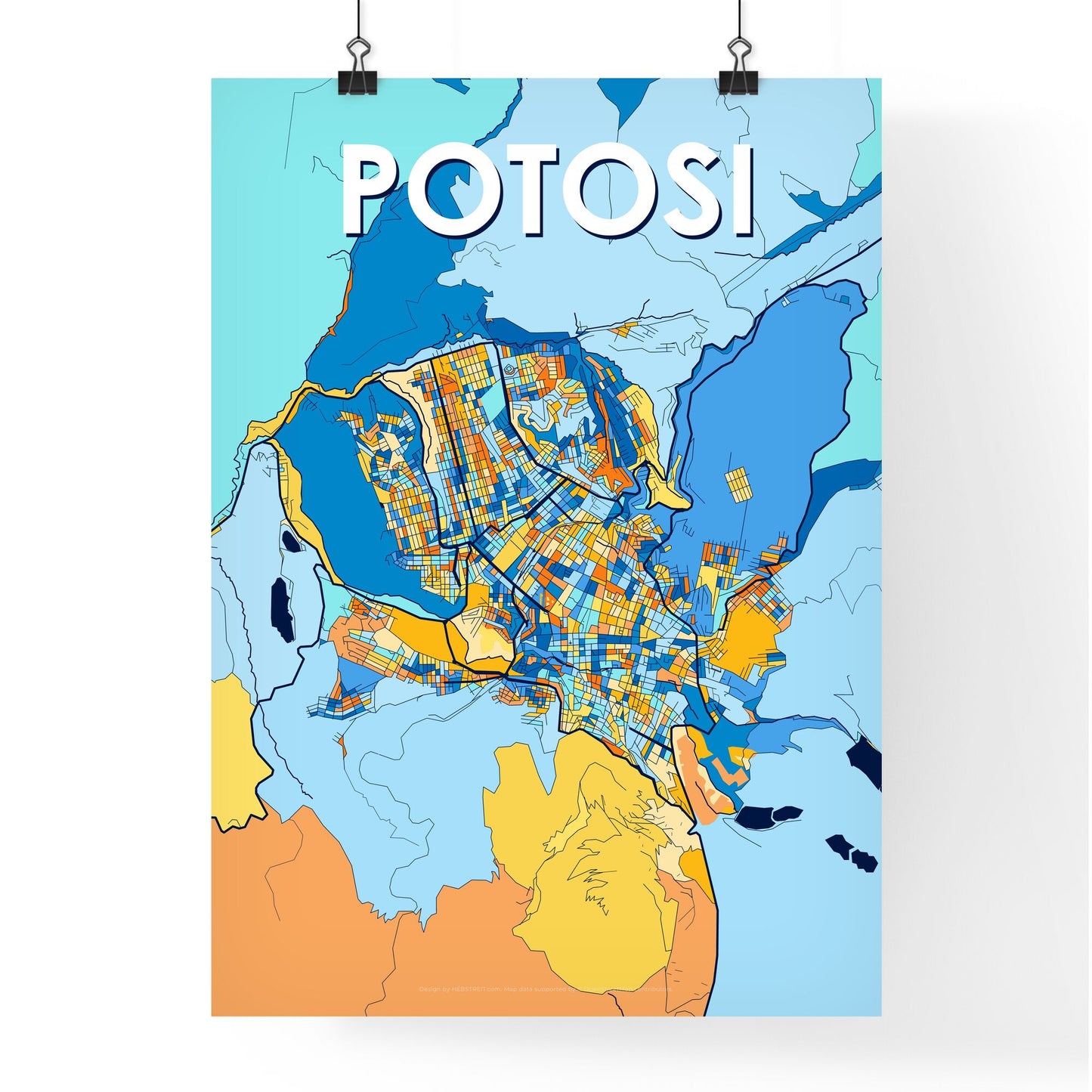 POTOSI BOLIVIA Vibrant Colorful Art Map Poster Blue Orange