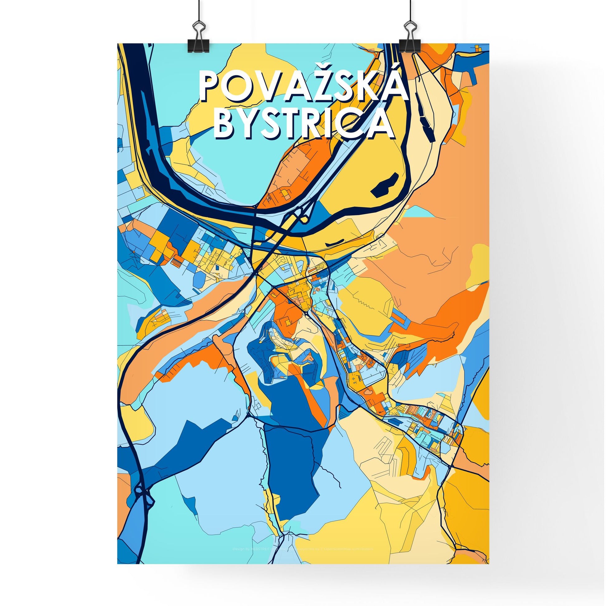 POVAŽSKÁ BYSTRICA SLOVAKIA Vibrant Colorful Art Map Poster Blue Orange