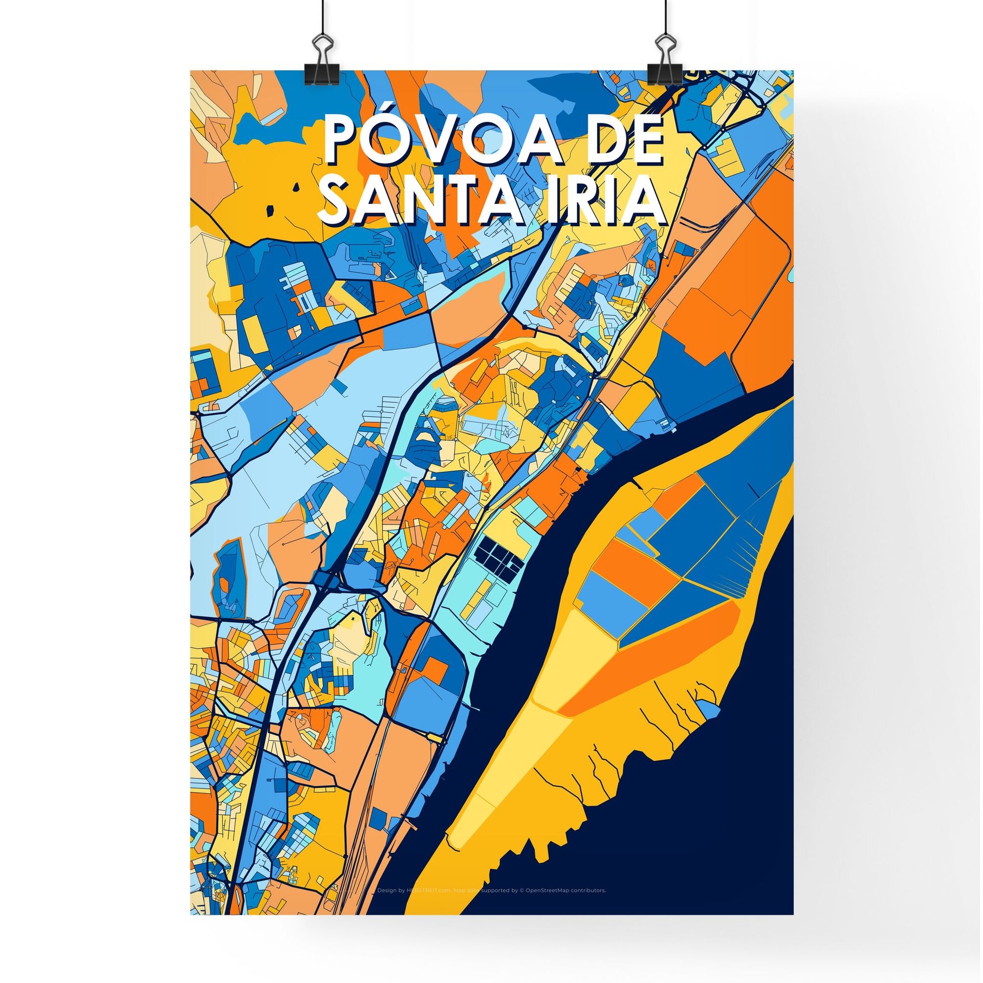 PÓVOA DE SANTA IRIA PORTUGAL Vibrant Colorful Art Map Poster Blue Orange