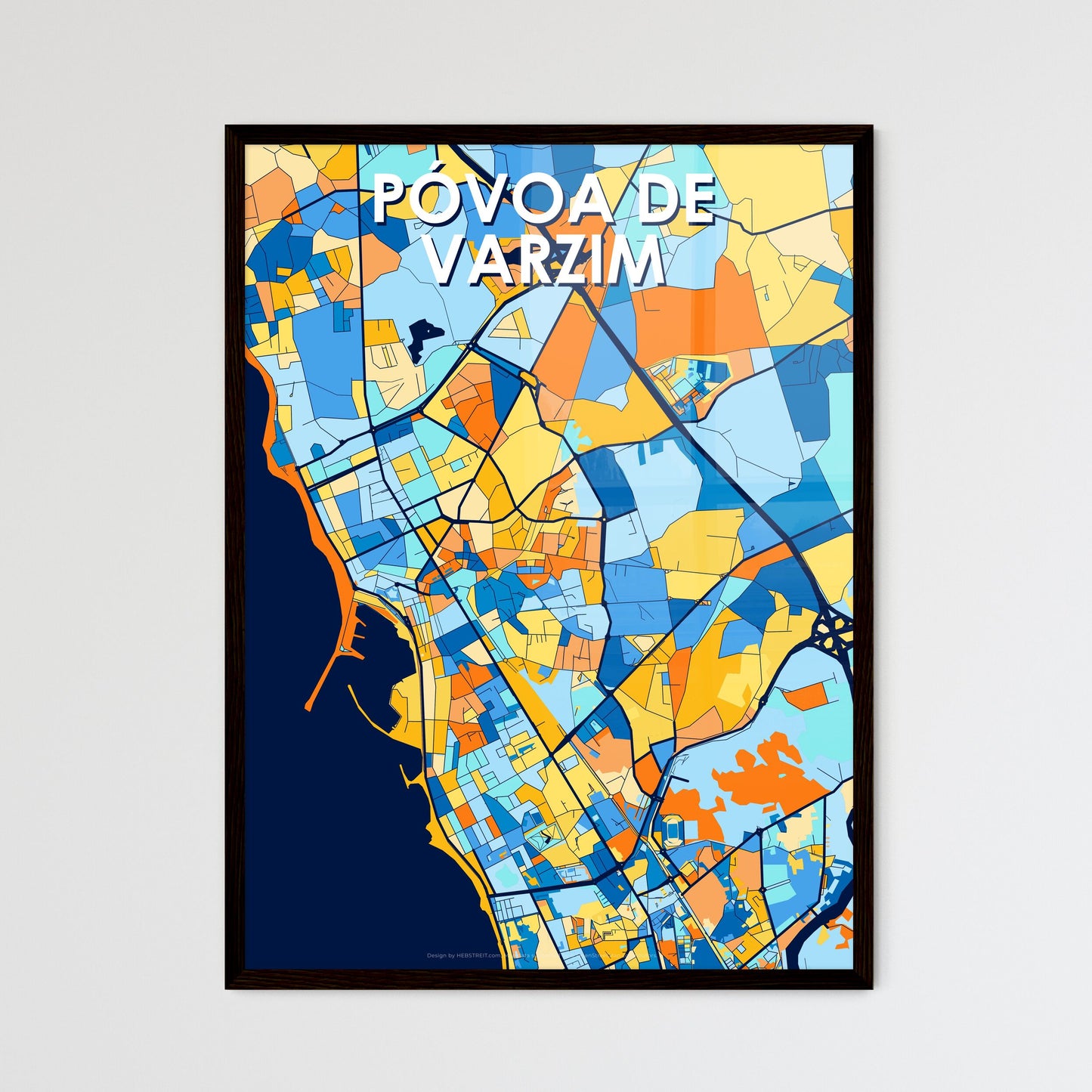 PÓVOA DE VARZIM PORTUGAL Vibrant Colorful Art Map Poster Blue Orange