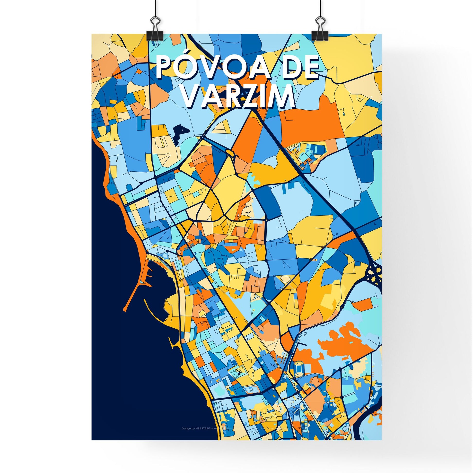 PÓVOA DE VARZIM PORTUGAL Vibrant Colorful Art Map Poster Blue Orange