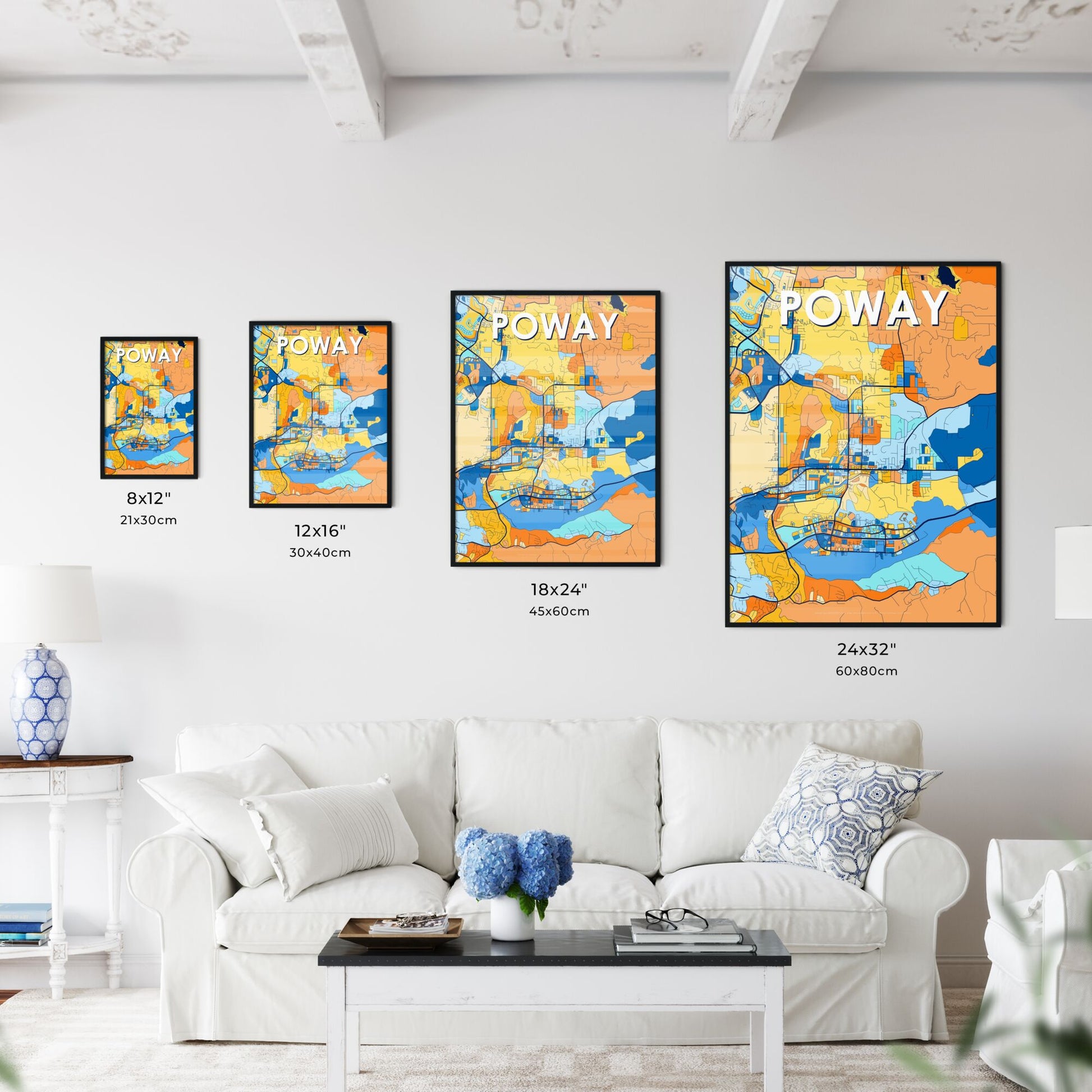 POWAY CALIFORNIA Vibrant Colorful Art Map Poster Blue Orange