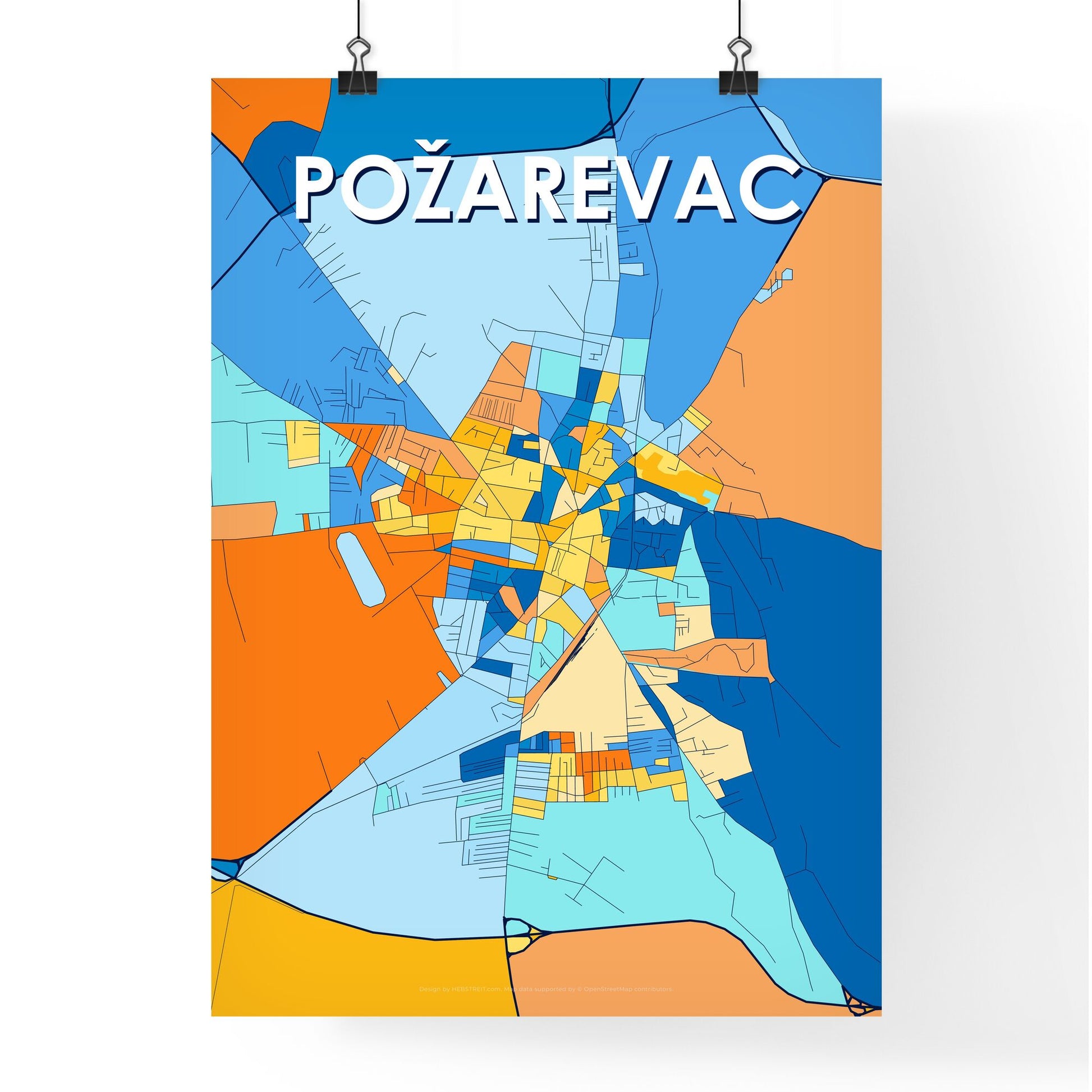 POŽAREVAC SERBIA Vibrant Colorful Art Map Poster Blue Orange