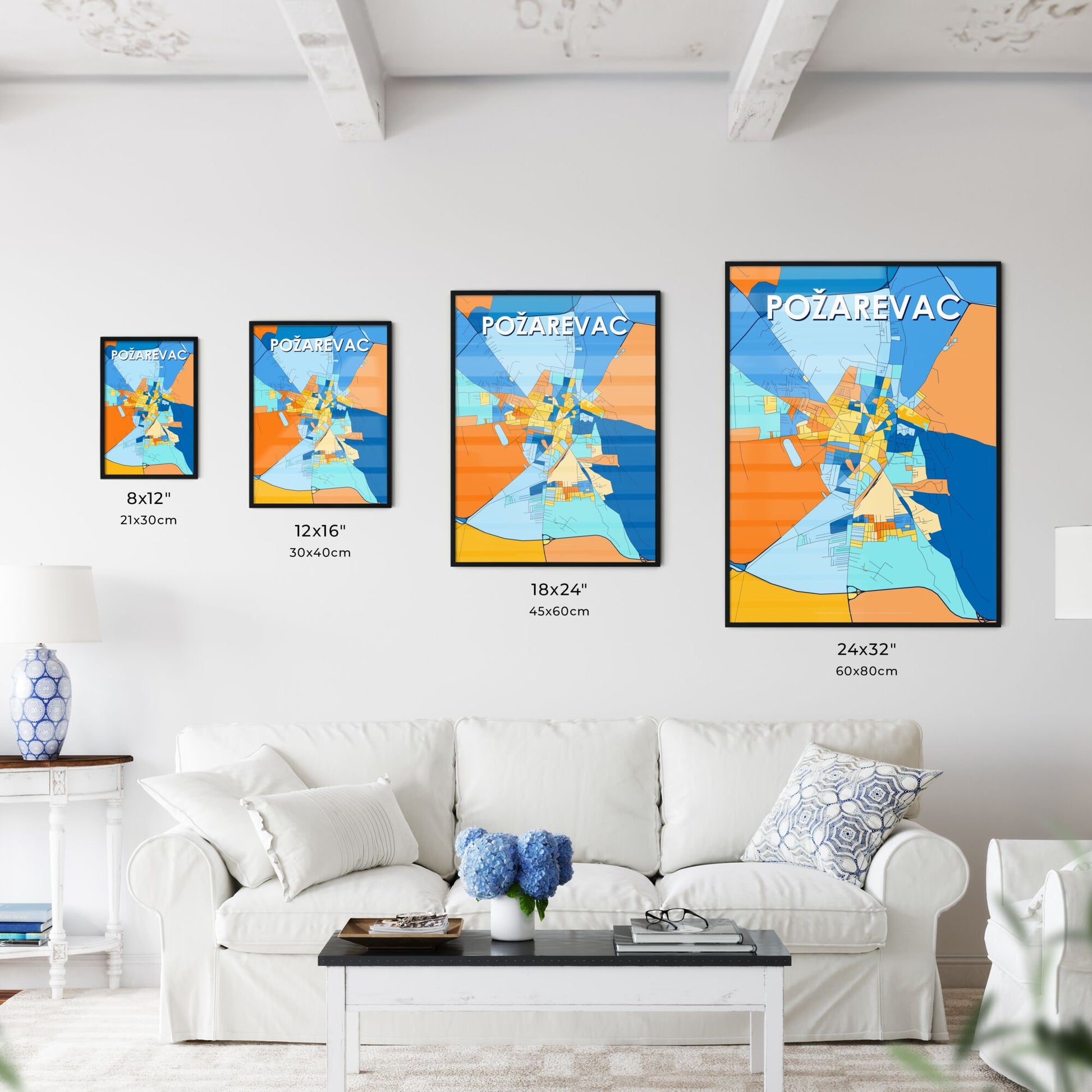 POŽAREVAC SERBIA Vibrant Colorful Art Map Poster Blue Orange