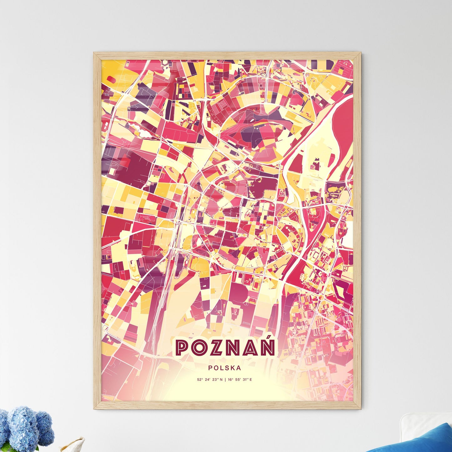 Colorful Poznań Poland Fine Art Map Hot Red