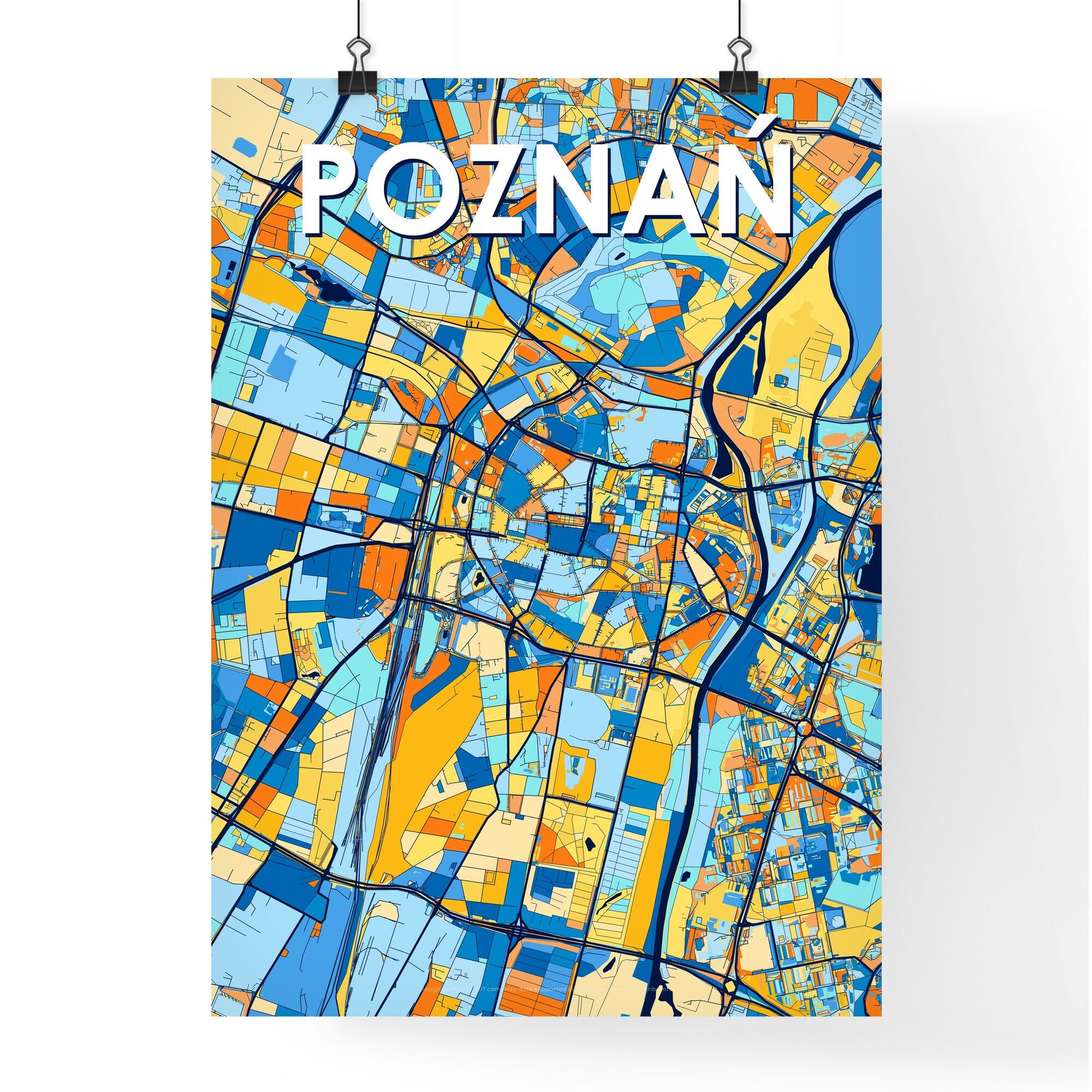 POZNAŃ POLAND Vibrant Colorful Art Map Poster Blue Orange