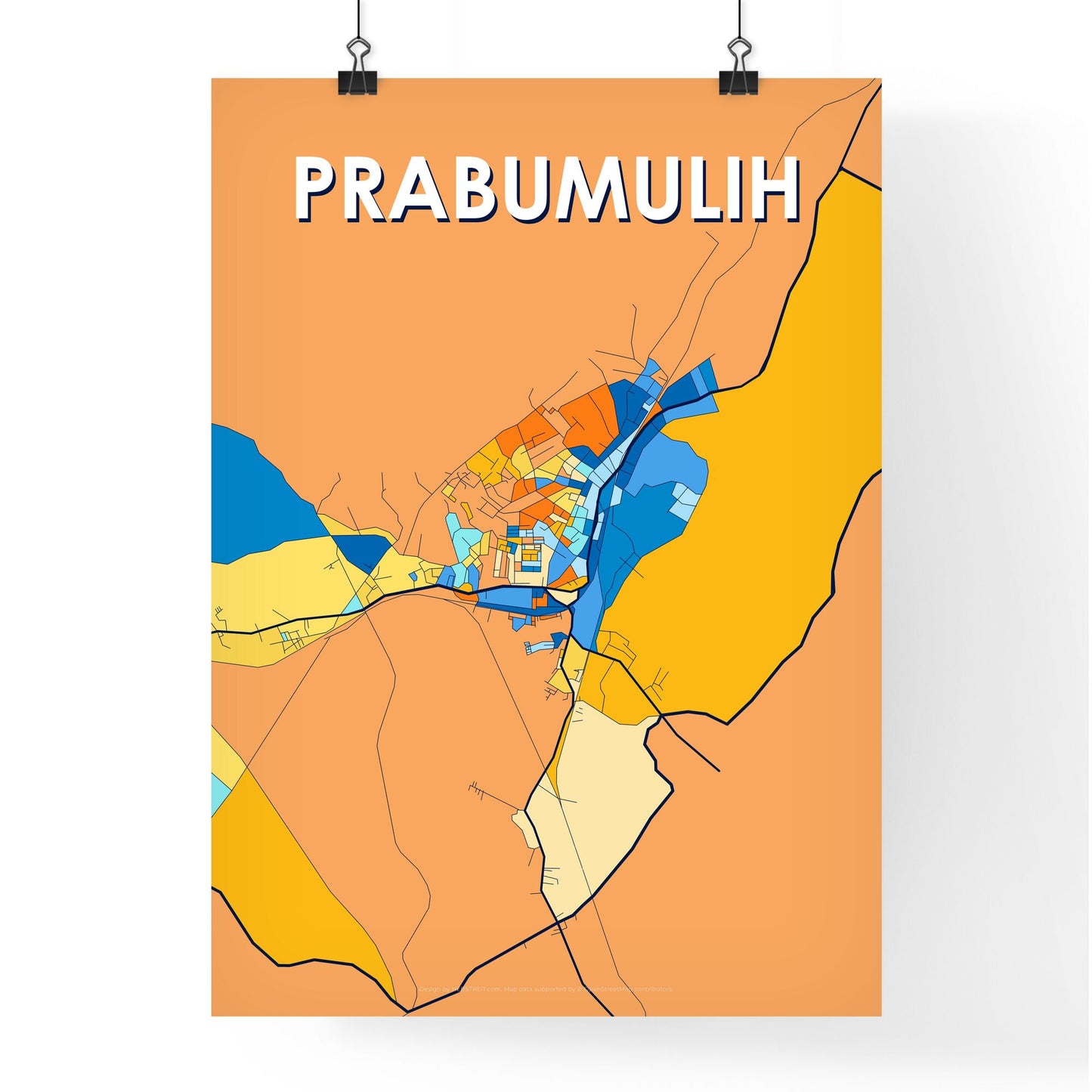 PRABUMULIH INDONESIA Vibrant Colorful Art Map Poster Blue Orange