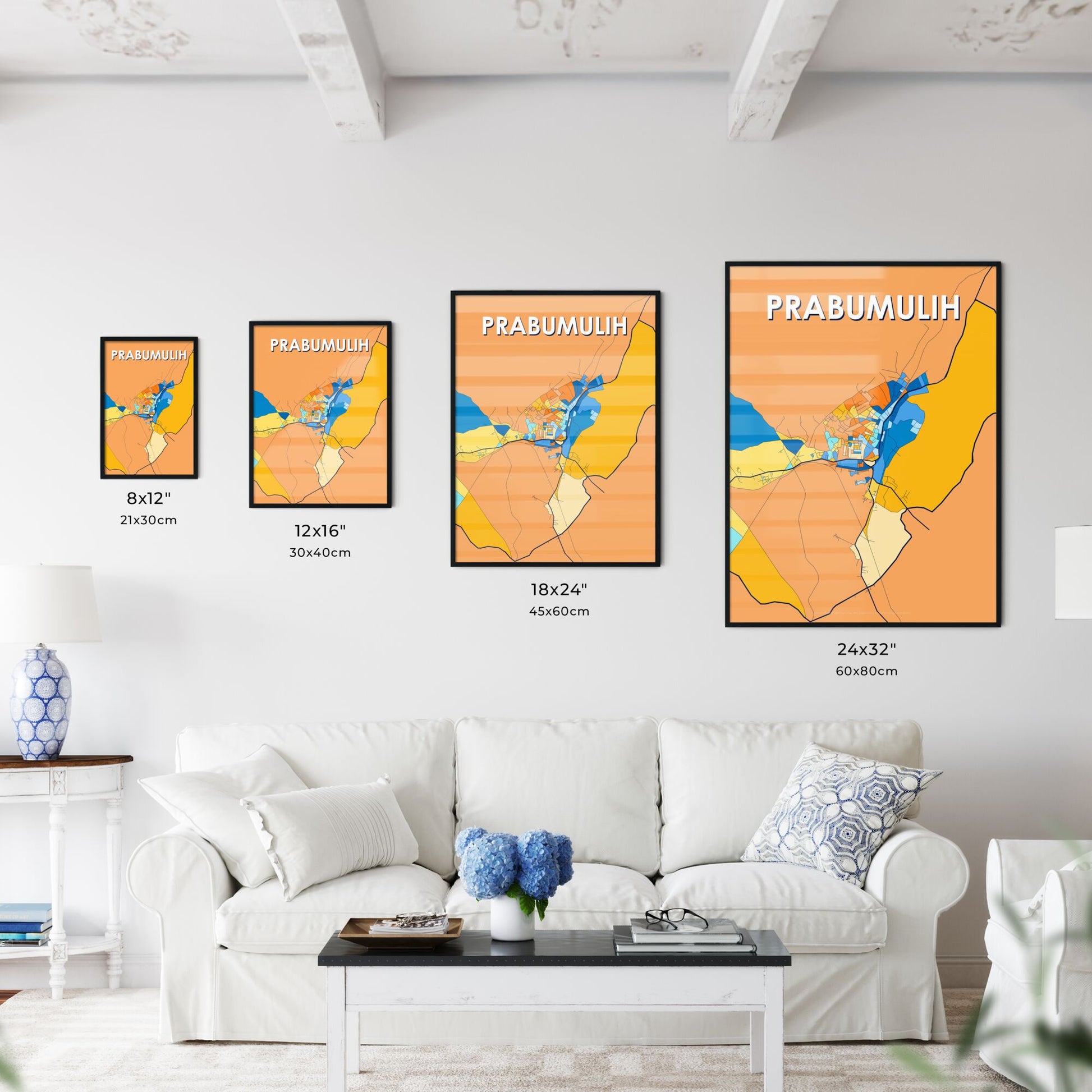 PRABUMULIH INDONESIA Vibrant Colorful Art Map Poster Blue Orange