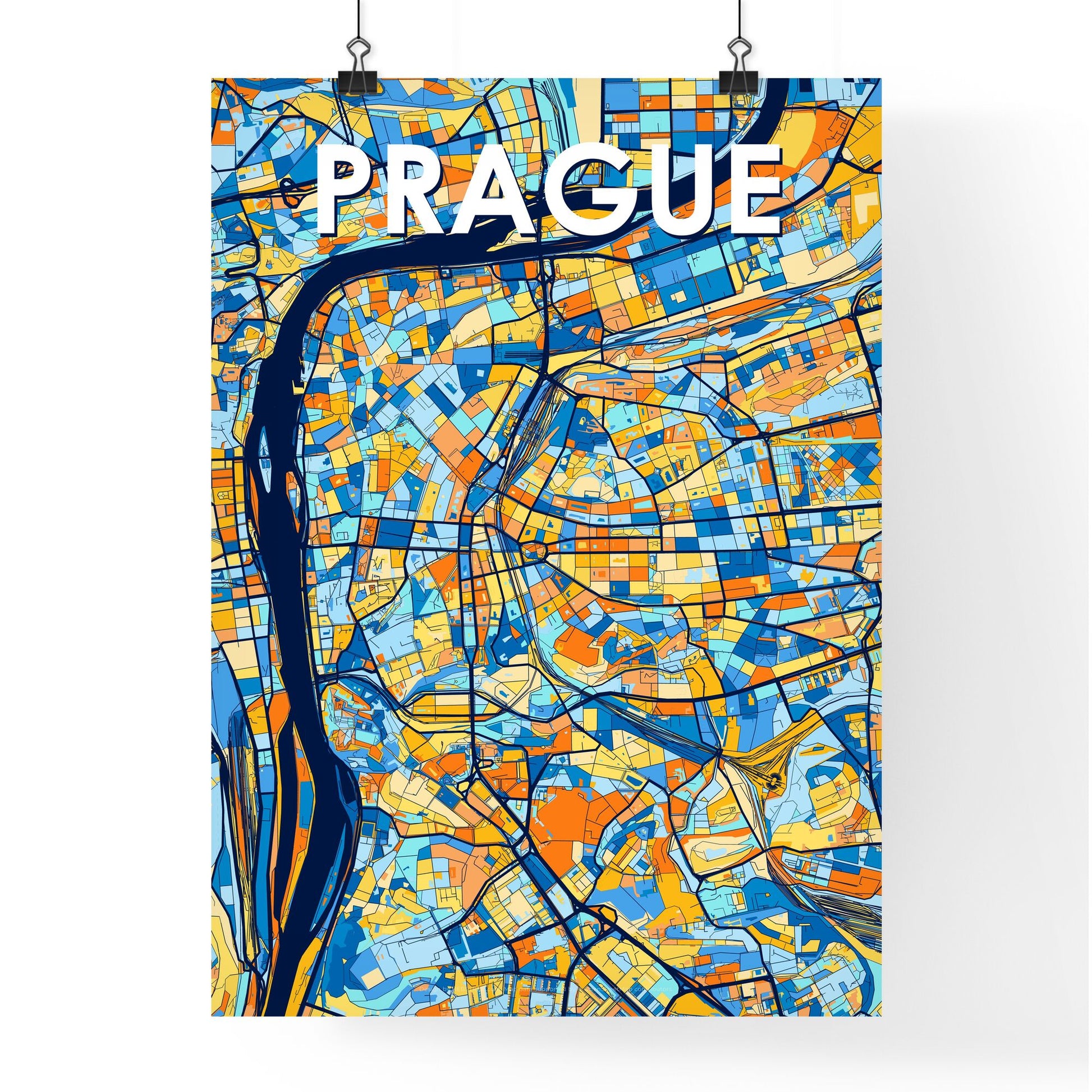 PRAGUE CZECHIA Vibrant Colorful Art Map Poster Blue Orange