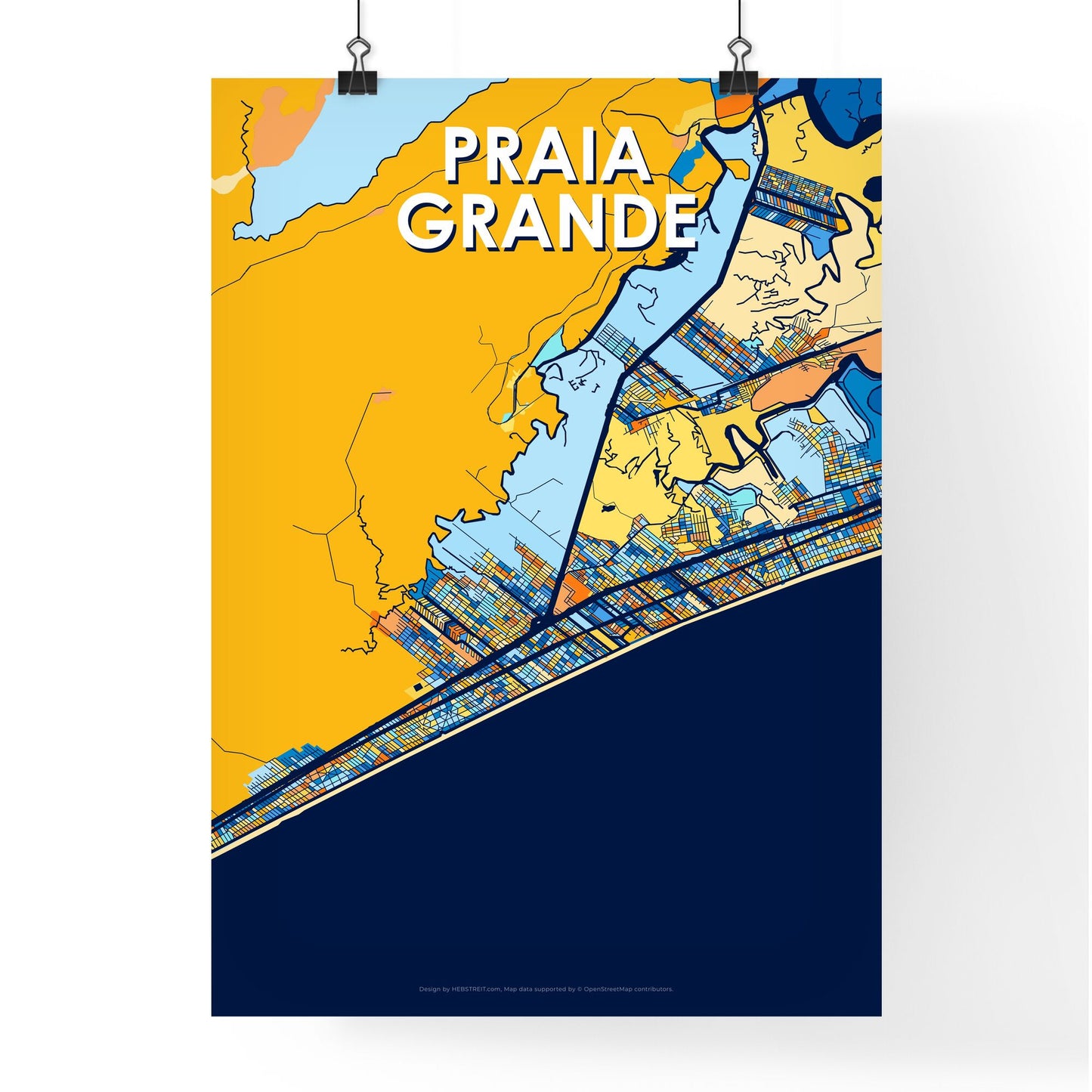 PRAIA GRANDE BRAZIL Vibrant Colorful Art Map Poster Blue Orange