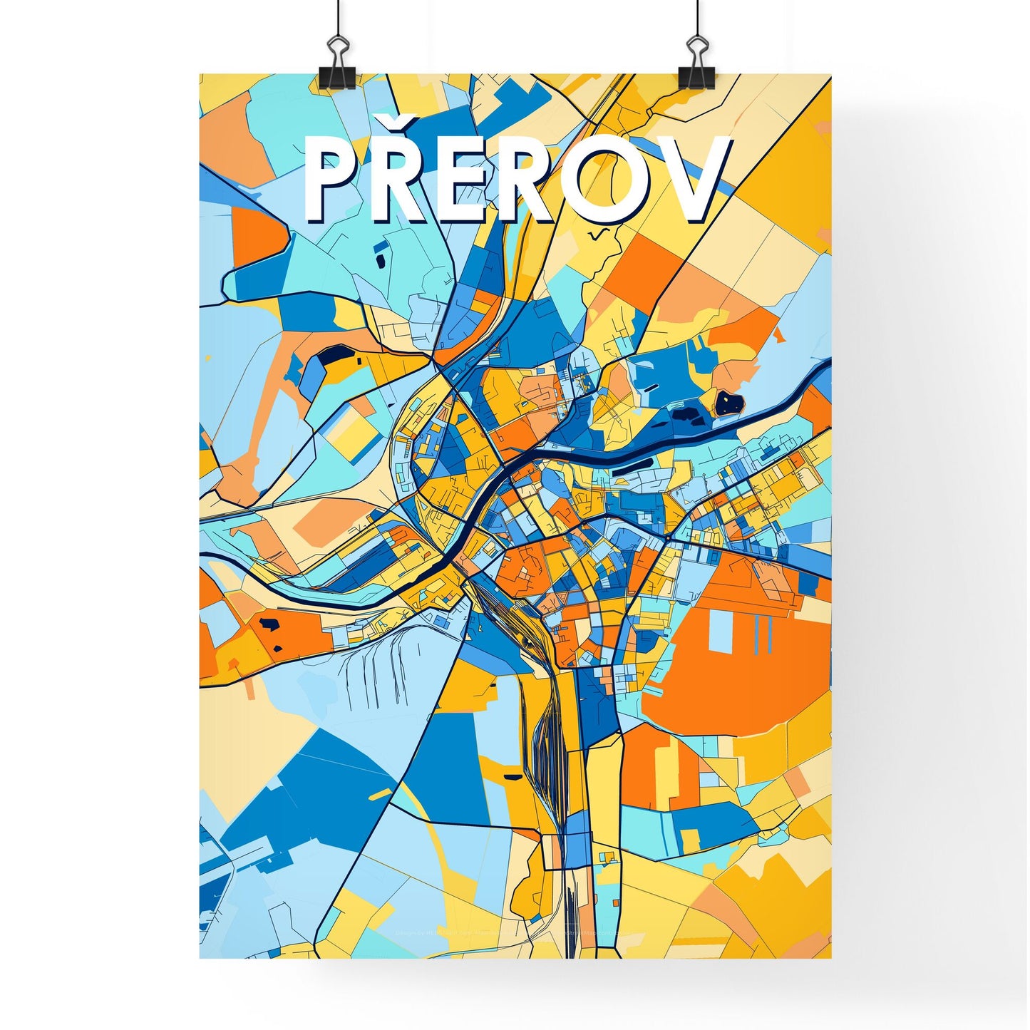 PŘEROV CZECHIA Vibrant Colorful Art Map Poster Blue Orange