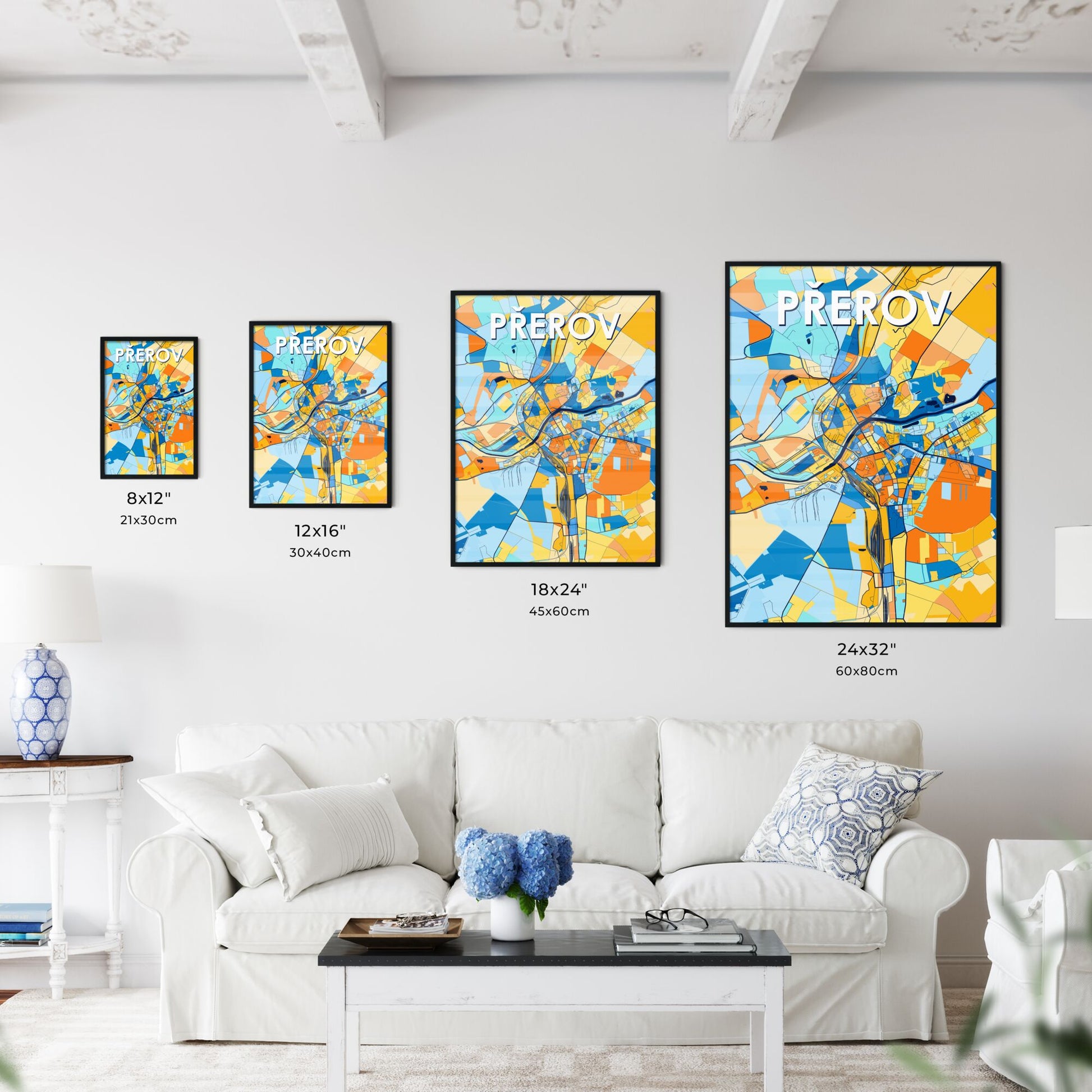 PŘEROV CZECHIA Vibrant Colorful Art Map Poster Blue Orange