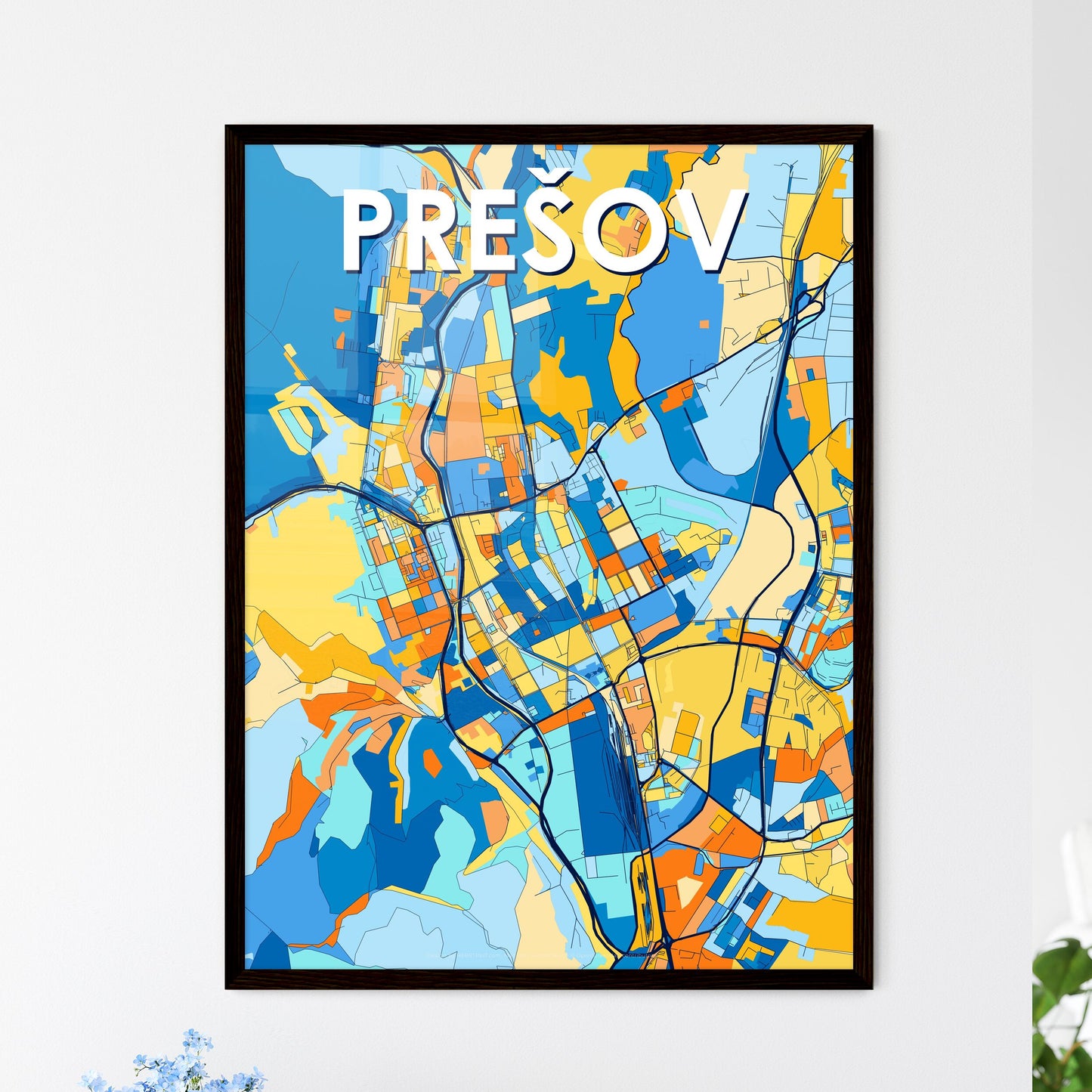 PREŠOV SLOVAKIA Vibrant Colorful Art Map Poster Blue Orange