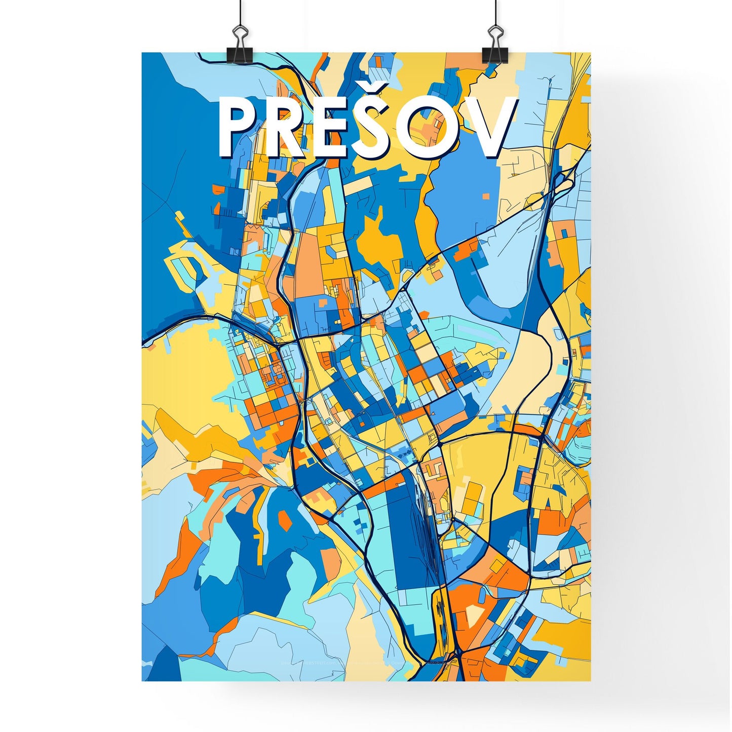 PREŠOV SLOVAKIA Vibrant Colorful Art Map Poster Blue Orange