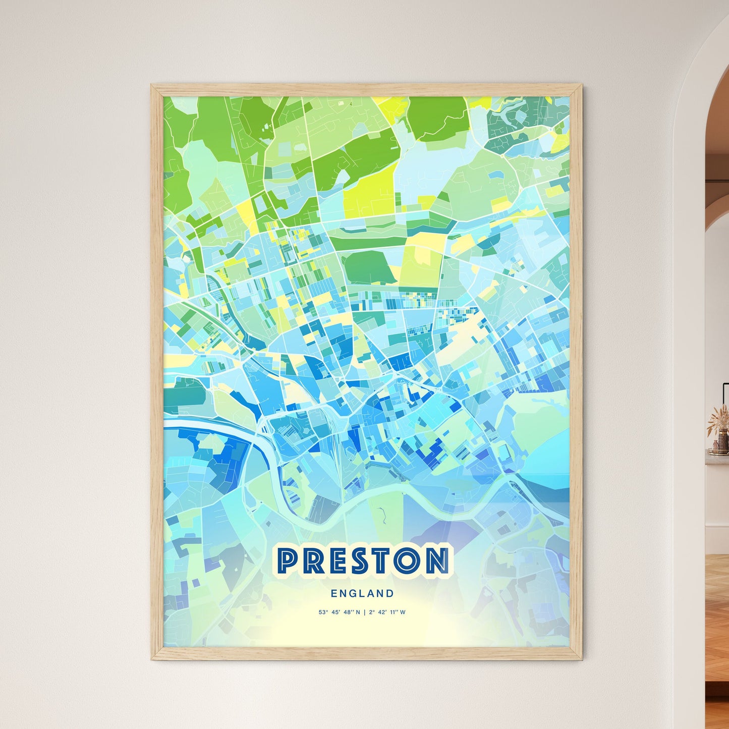 Colorful Preston England Fine Art Map Cool Blue