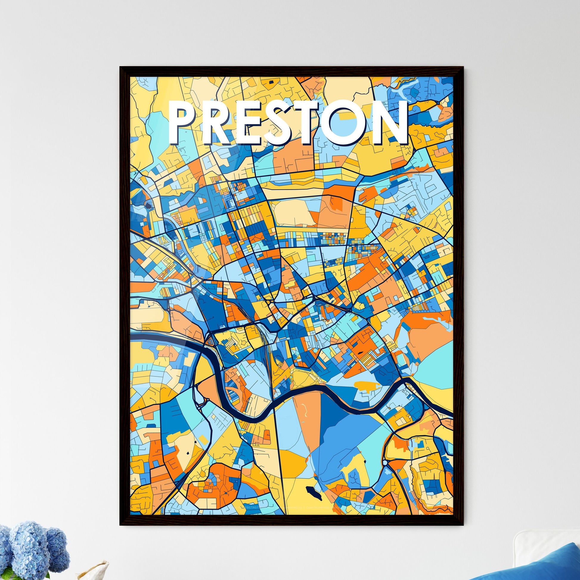 PRESTON ENGLAND Vibrant Colorful Art Map Poster Blue Orange