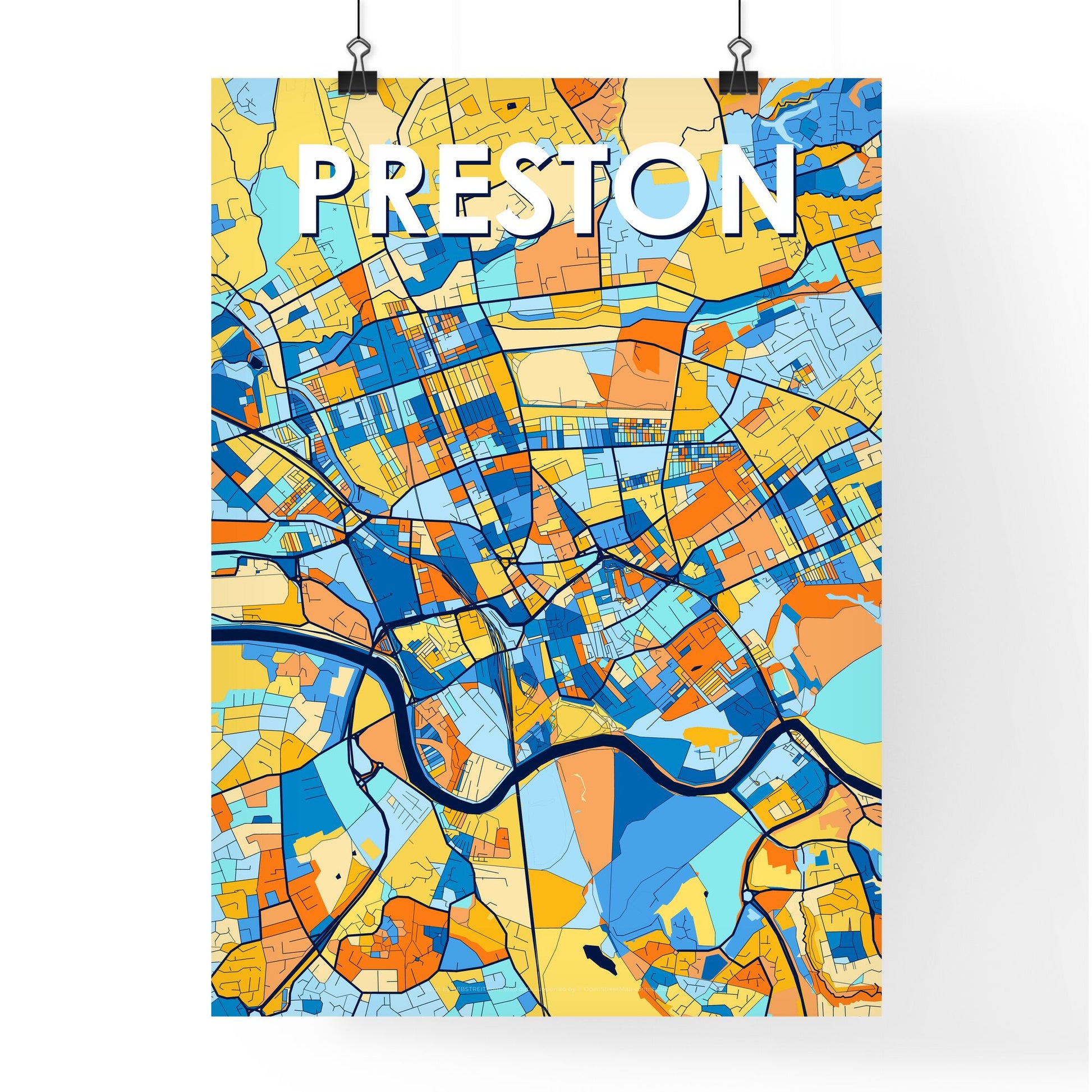 PRESTON ENGLAND Vibrant Colorful Art Map Poster Blue Orange