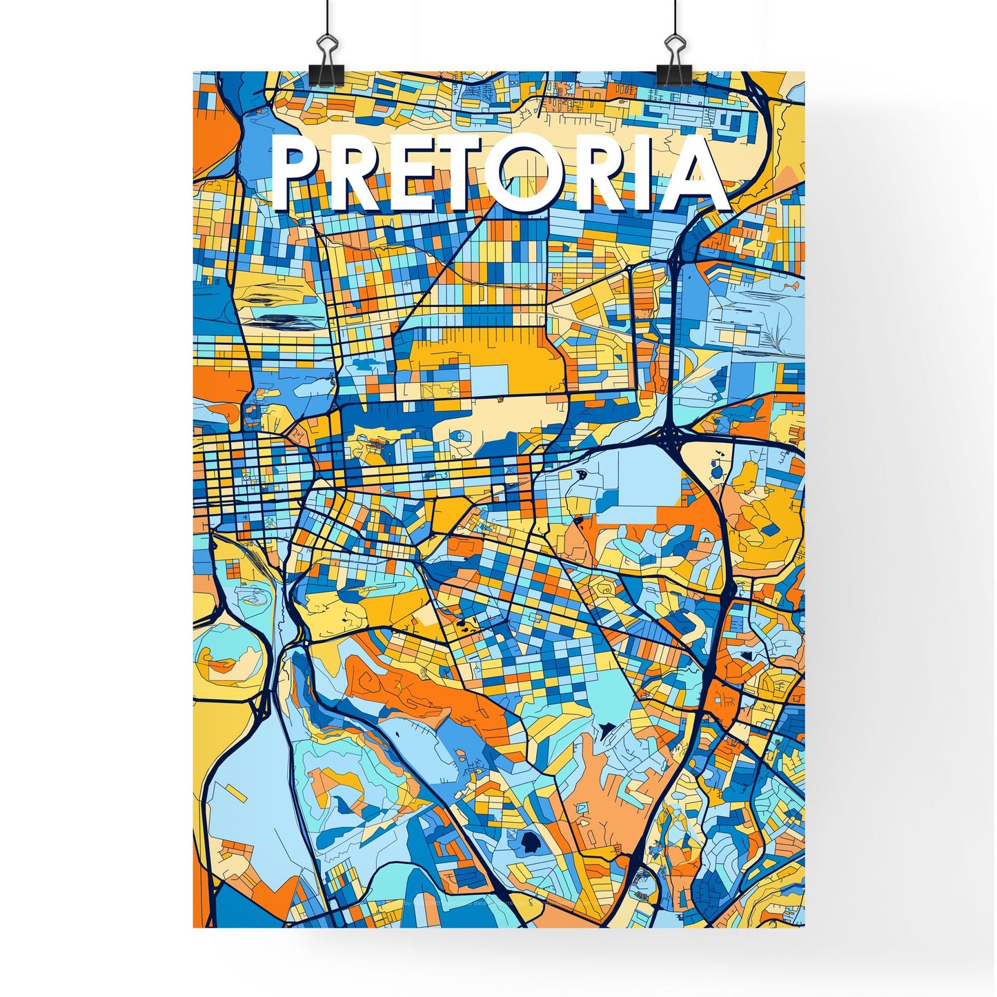 PRETORIA SOUTH AFRICA Vibrant Colorful Art Map Poster Blue Orange