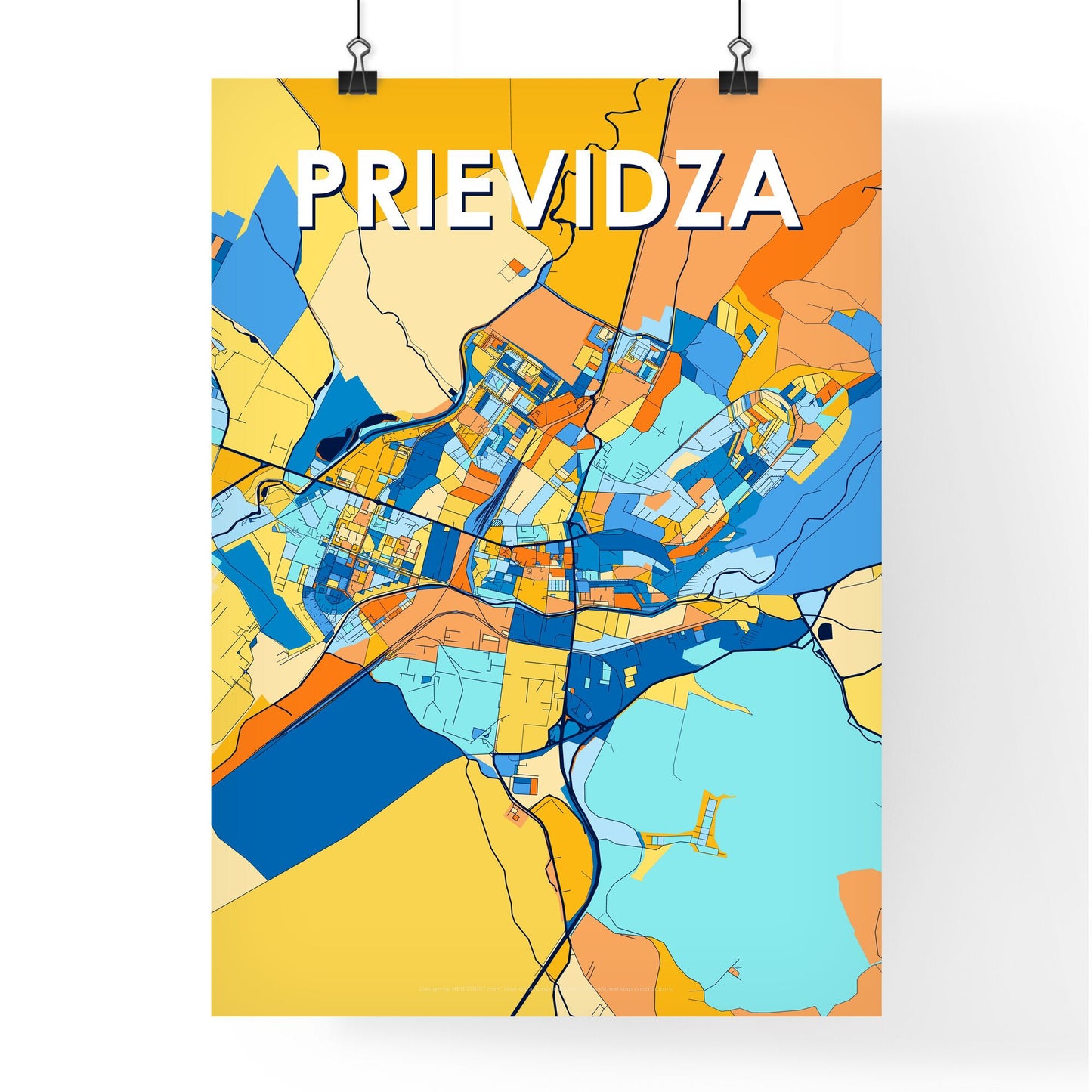 PRIEVIDZA SLOVAKIA Vibrant Colorful Art Map Poster Blue Orange