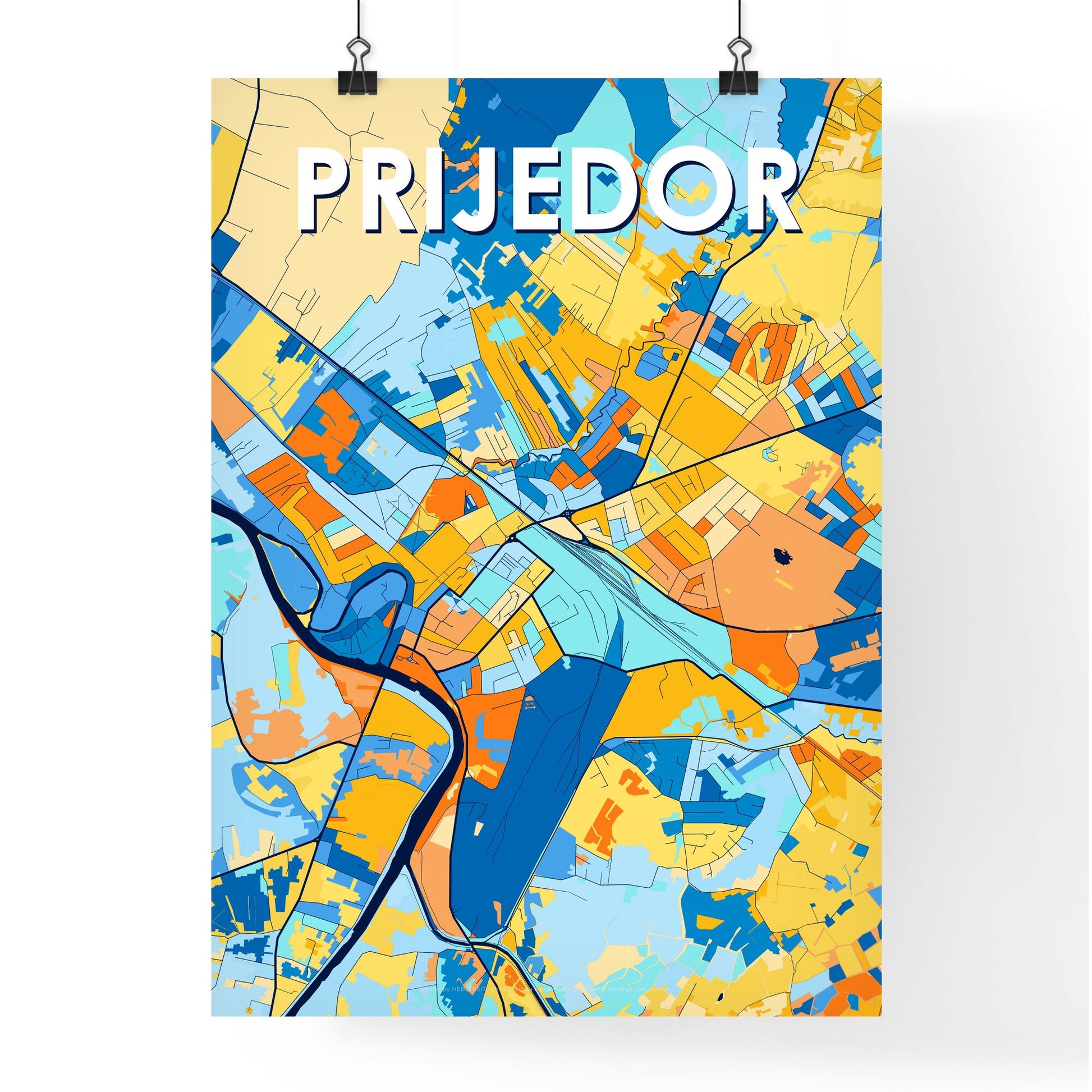 PRIJEDOR BOSNIA AND HERZEGOVINA Vibrant Colorful Art Map Poster Blue Orange