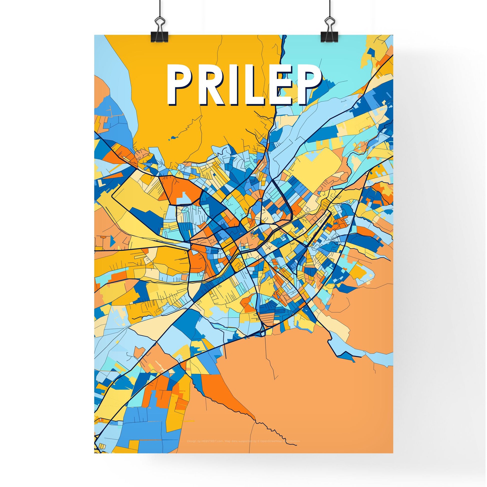 PRILEP NORTH MACEDONIA Vibrant Colorful Art Map Poster Blue Orange