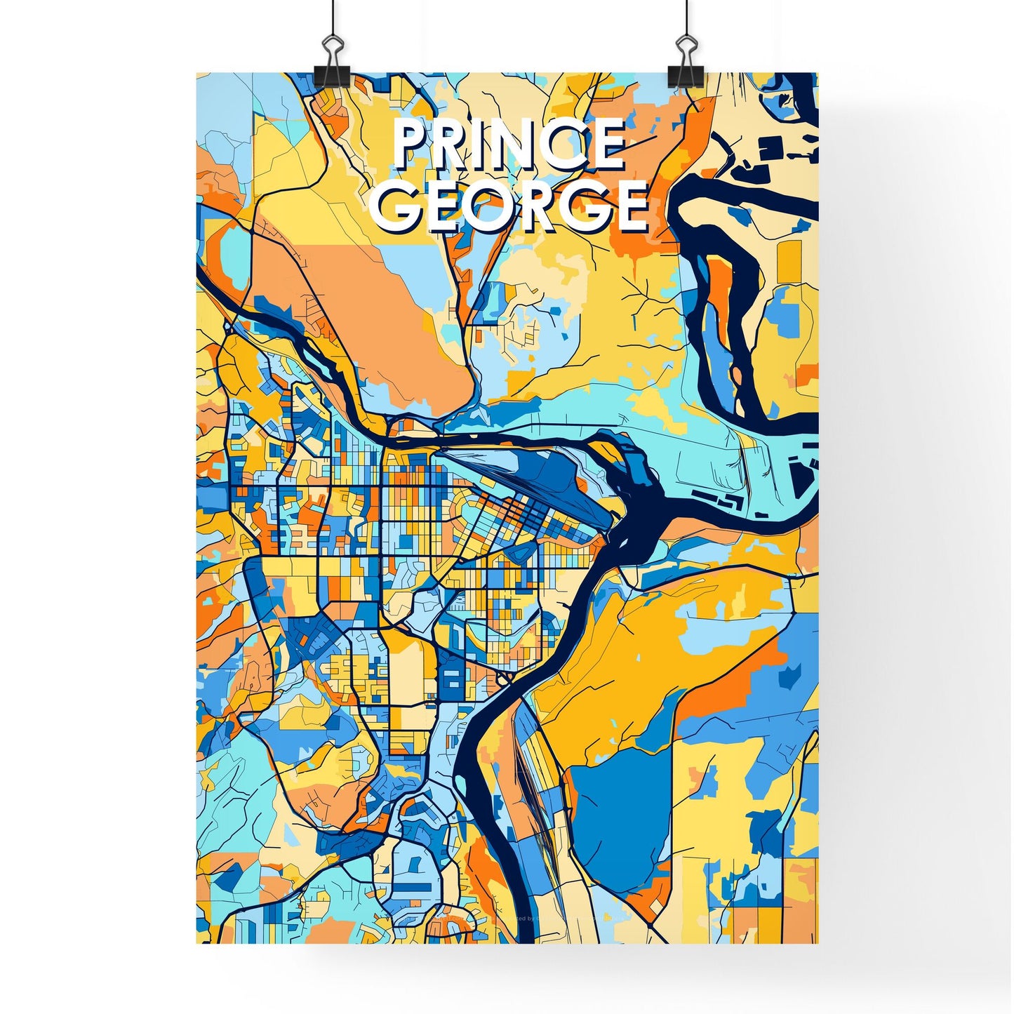 PRINCE GEORGE CANADA Vibrant Colorful Art Map Poster Blue Orange