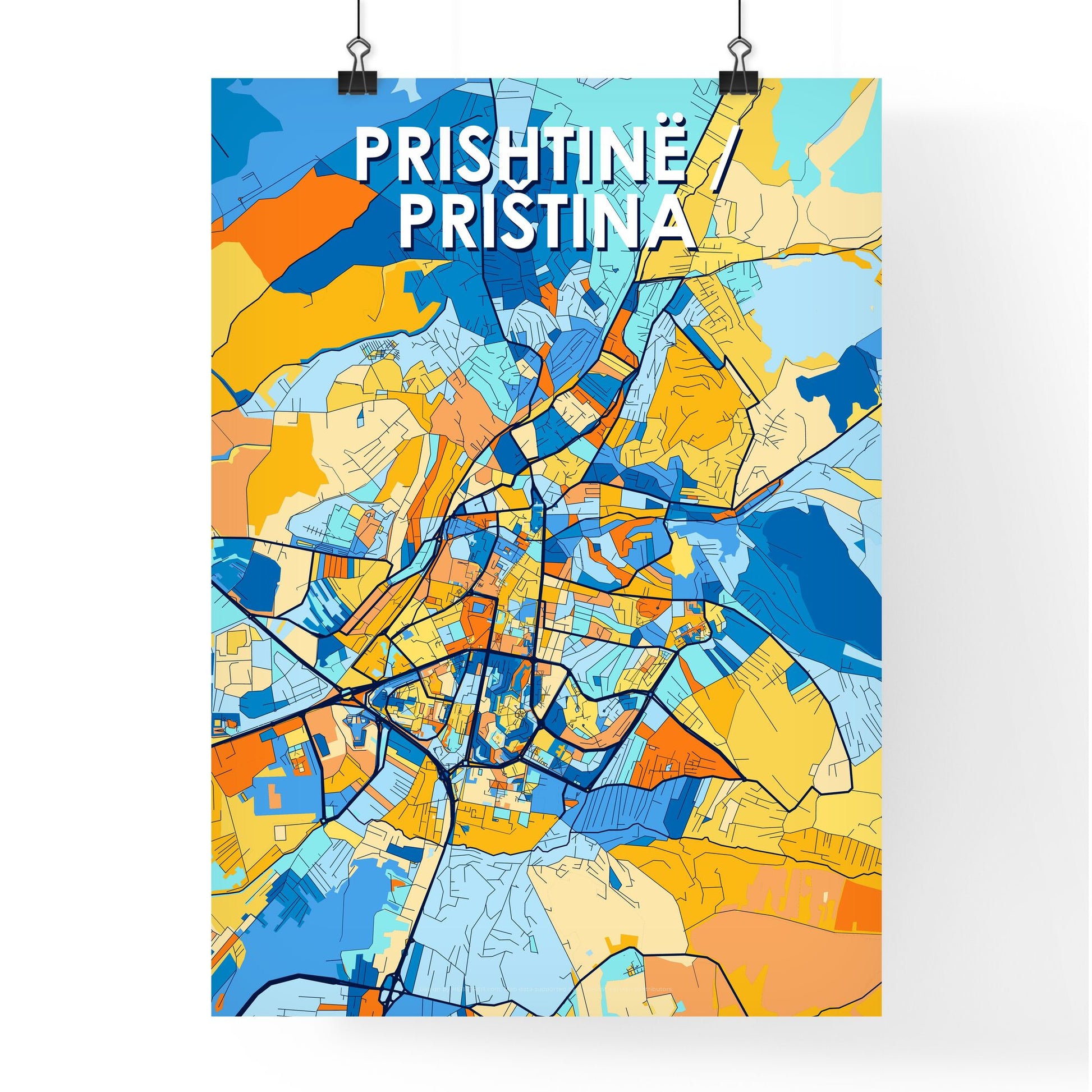 PRISHTINË / PRIŠTINA KOSOVO Vibrant Colorful Art Map Poster Blue Orange