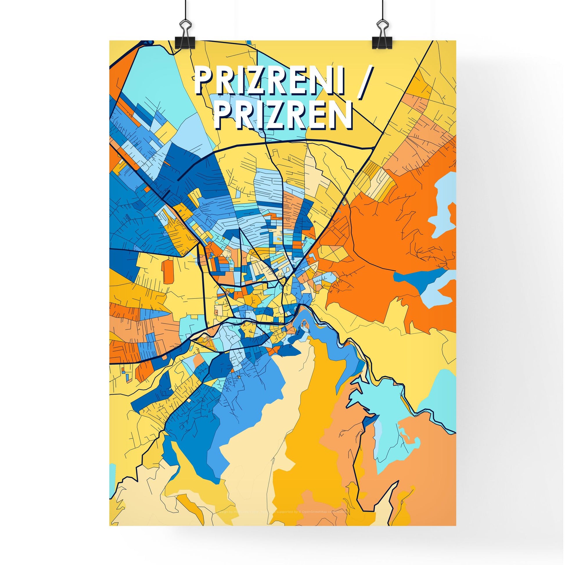 PRIZRENI / PRIZREN KOSOVO Vibrant Colorful Art Map Poster Blue Orange