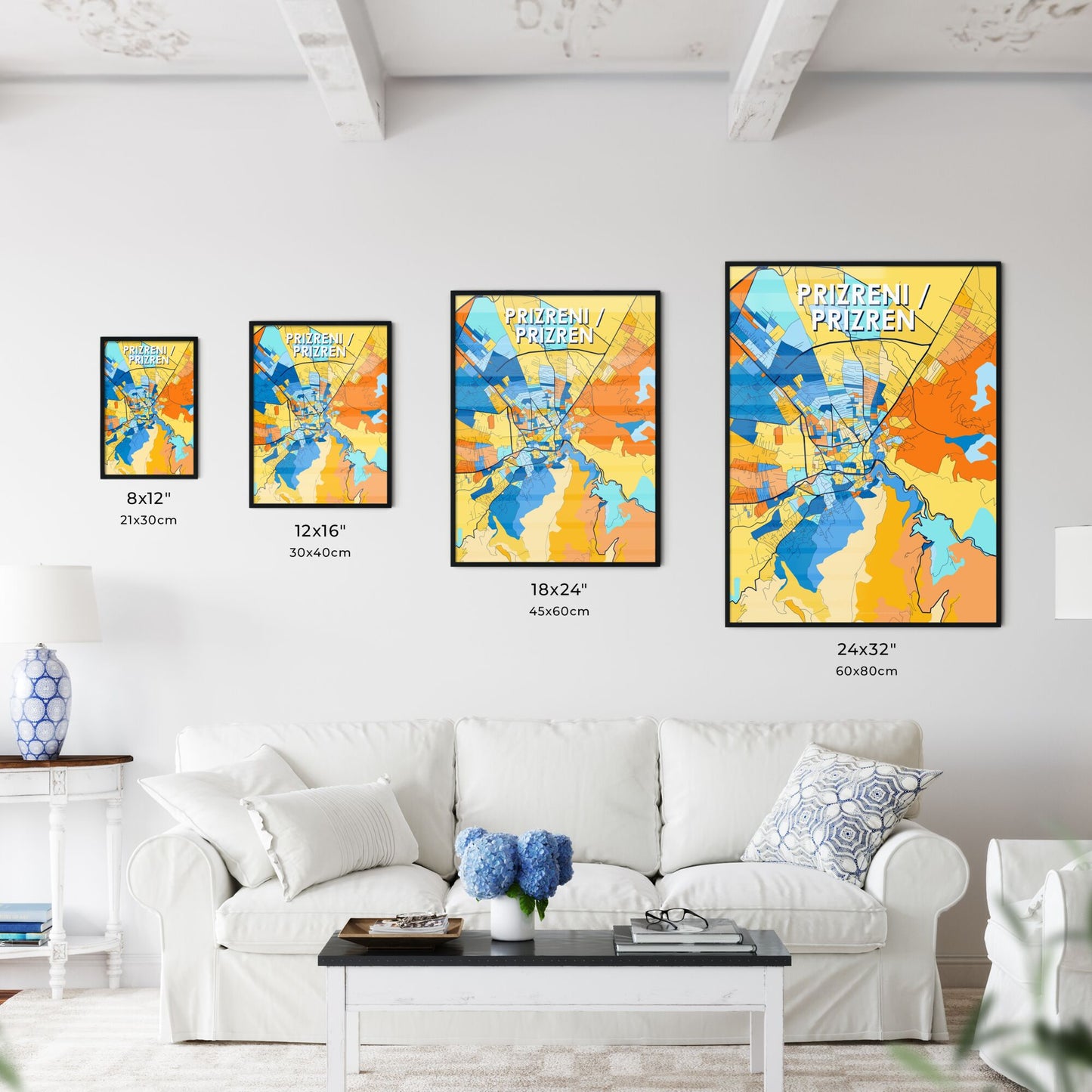 PRIZRENI / PRIZREN KOSOVO Vibrant Colorful Art Map Poster Blue Orange