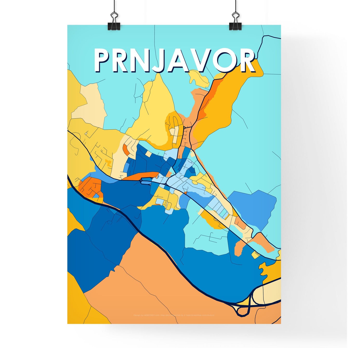 PRNJAVOR BOSNIA AND HERZEGOVINA Vibrant Colorful Art Map Poster Blue Orange