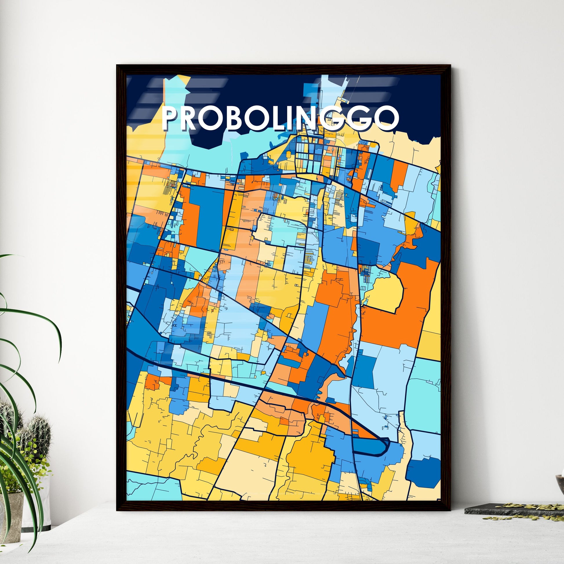 PROBOLINGGO INDONESIA Vibrant Colorful Art Map Poster Blue Orange