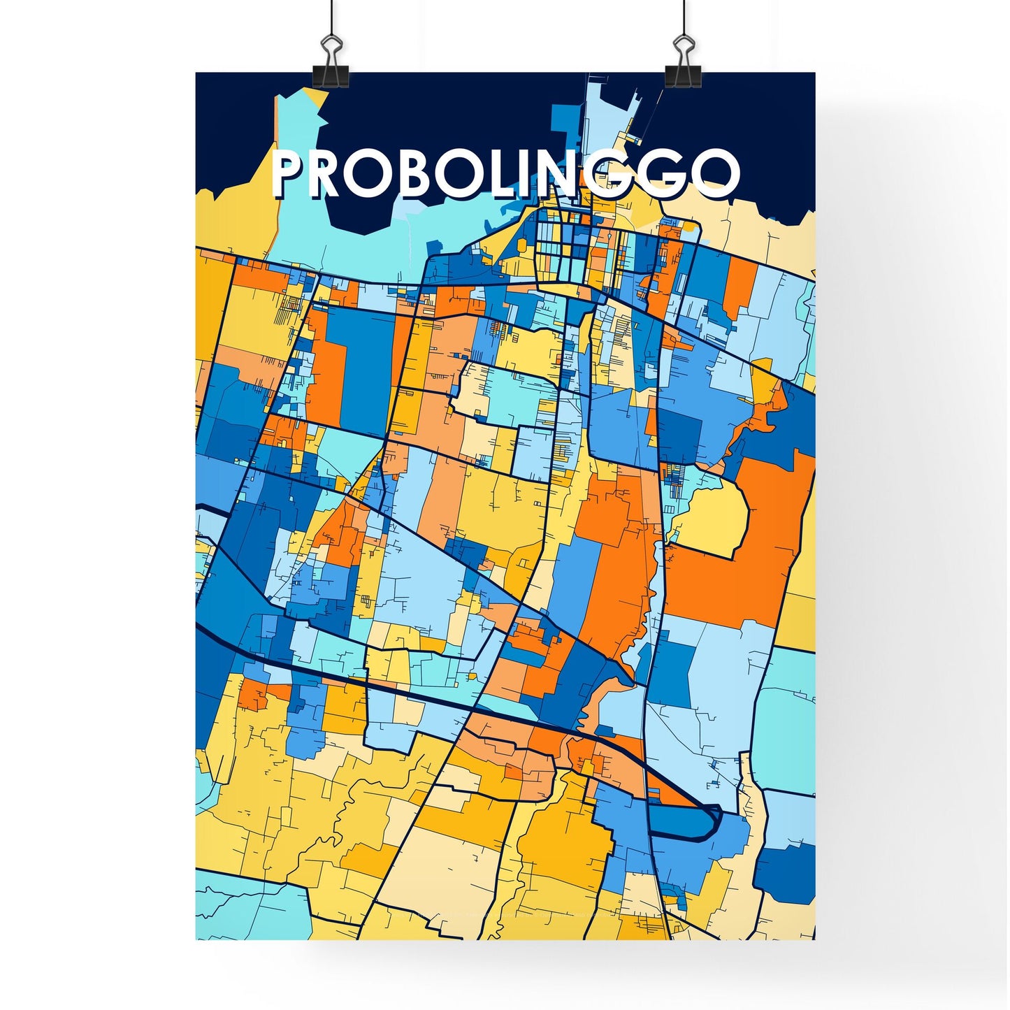 PROBOLINGGO INDONESIA Vibrant Colorful Art Map Poster Blue Orange