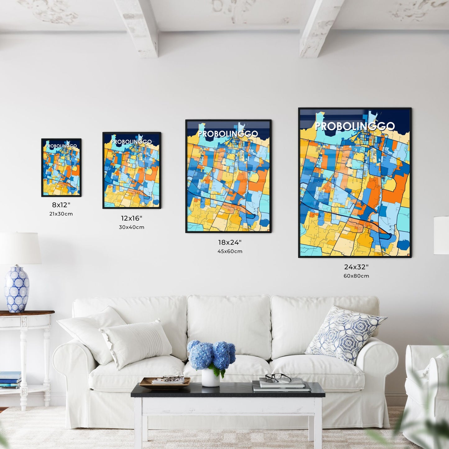 PROBOLINGGO INDONESIA Vibrant Colorful Art Map Poster Blue Orange