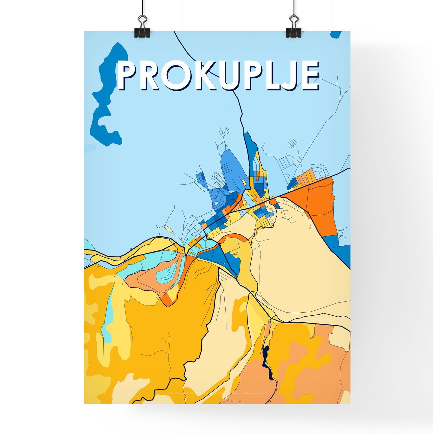 PROKUPLJE SERBIA Vibrant Colorful Art Map Poster Blue Orange