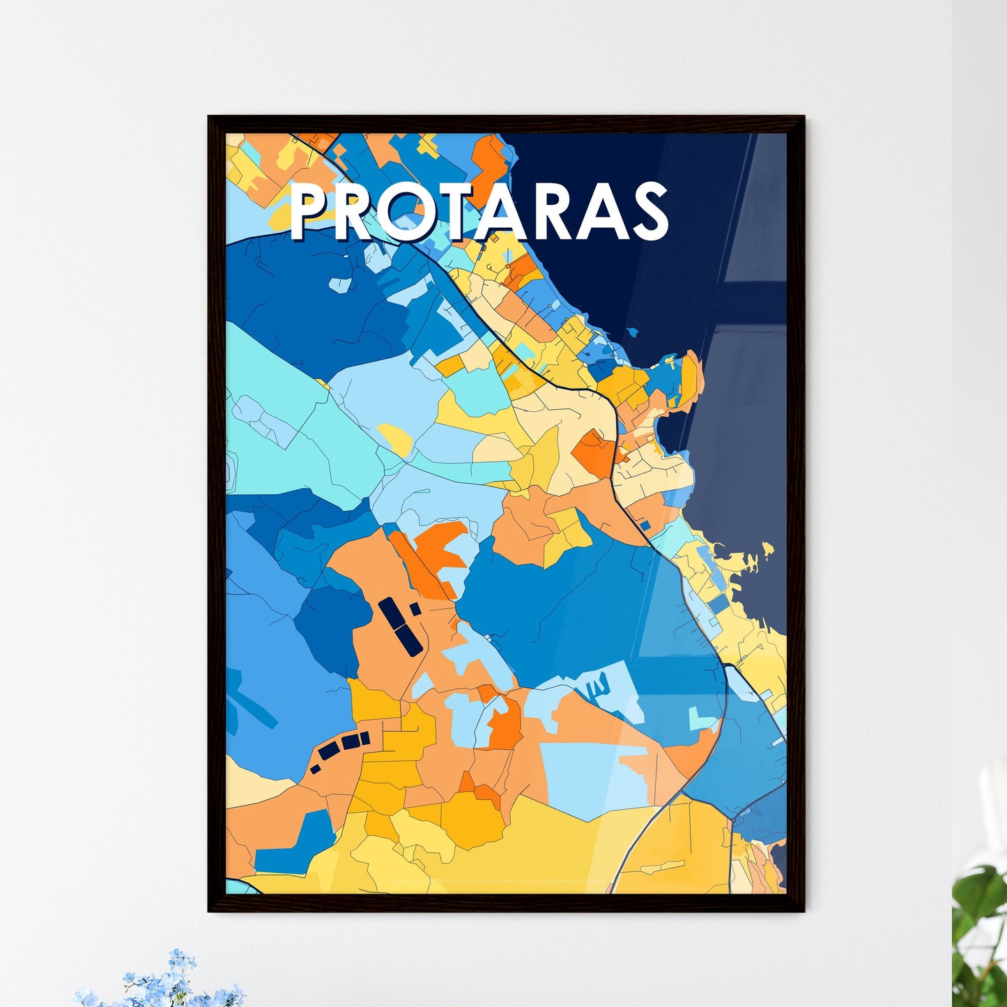 PROTARAS CYPRUS Vibrant Colorful Art Map Poster Blue Orange