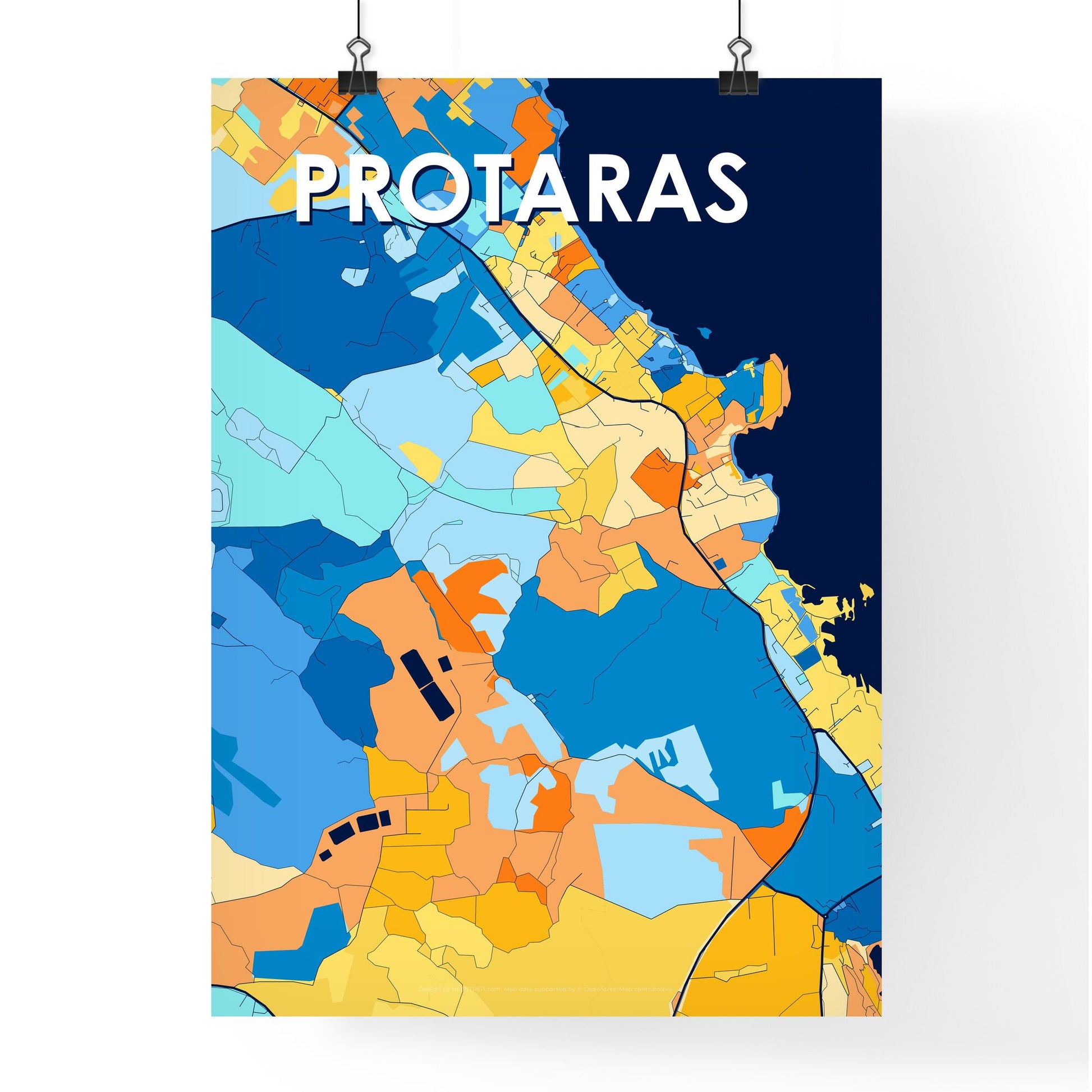 PROTARAS CYPRUS Vibrant Colorful Art Map Poster Blue Orange