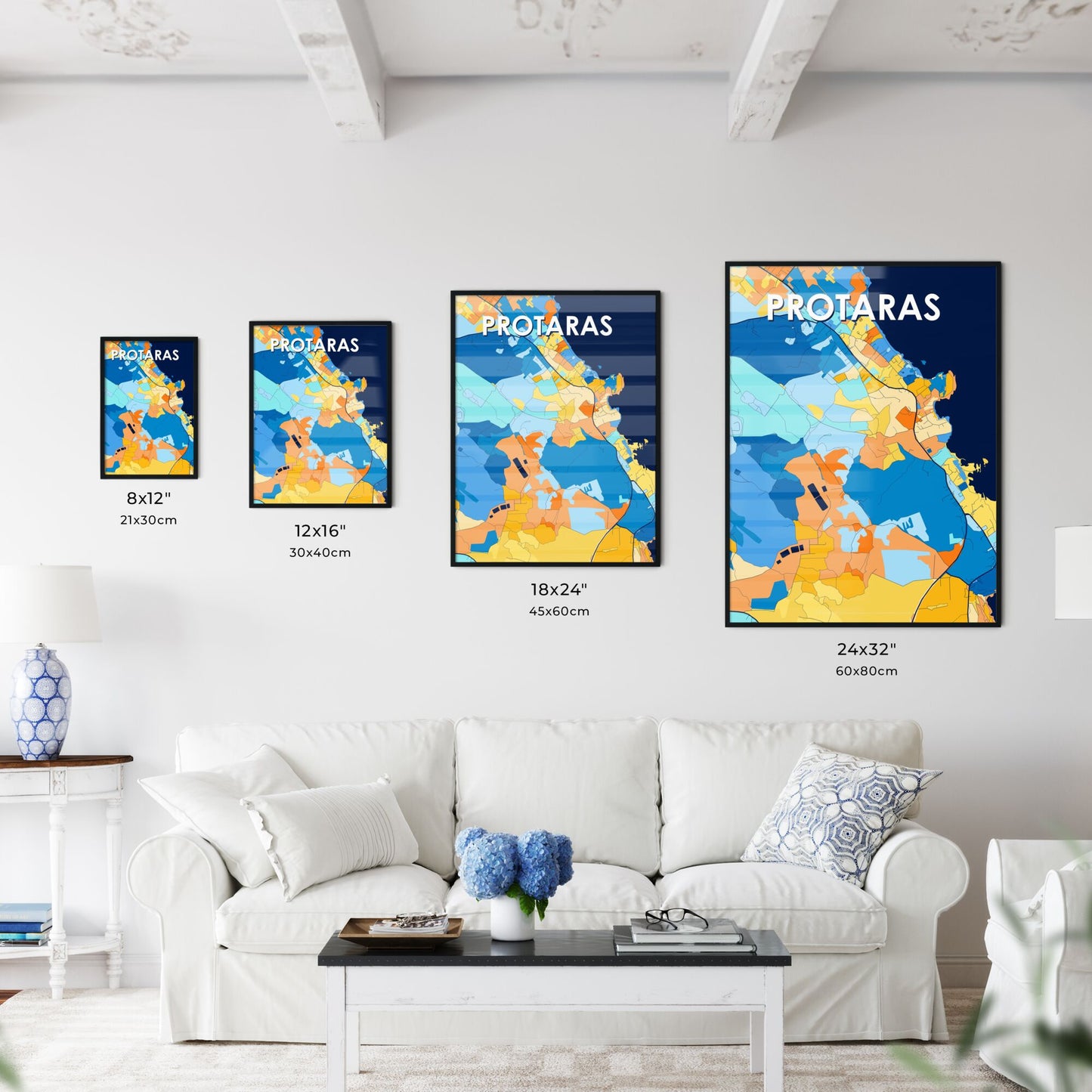 PROTARAS CYPRUS Vibrant Colorful Art Map Poster Blue Orange