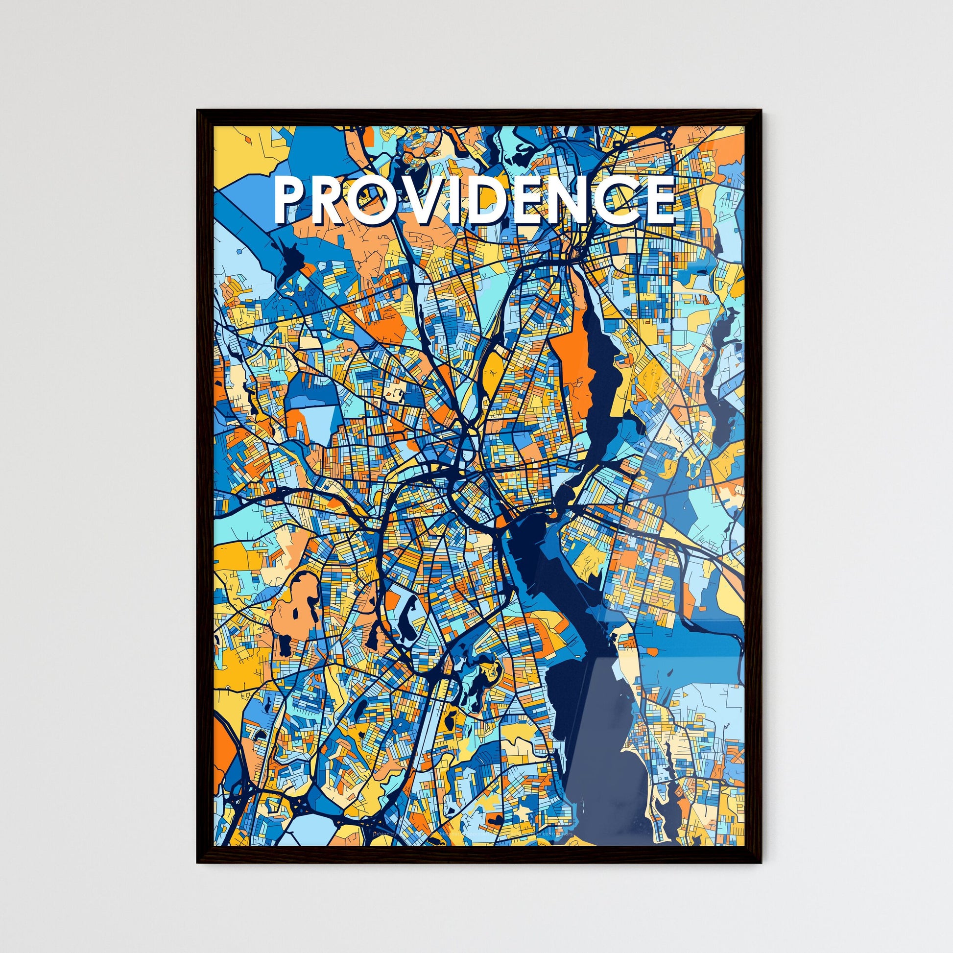 PROVIDENCE RHODE ISLAND Vibrant Colorful Art Map Poster Blue Orange