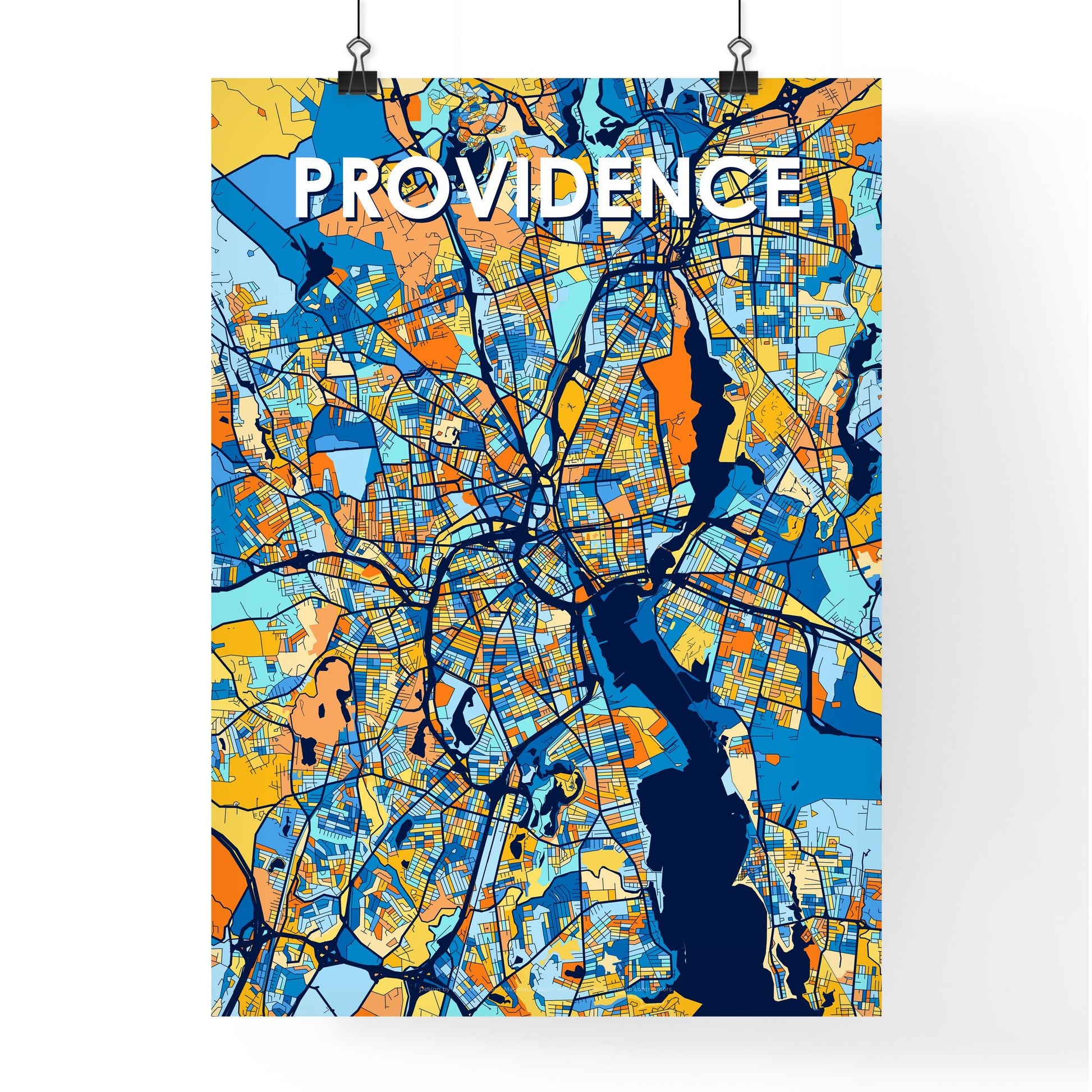 PROVIDENCE RHODE ISLAND Vibrant Colorful Art Map Poster Blue Orange