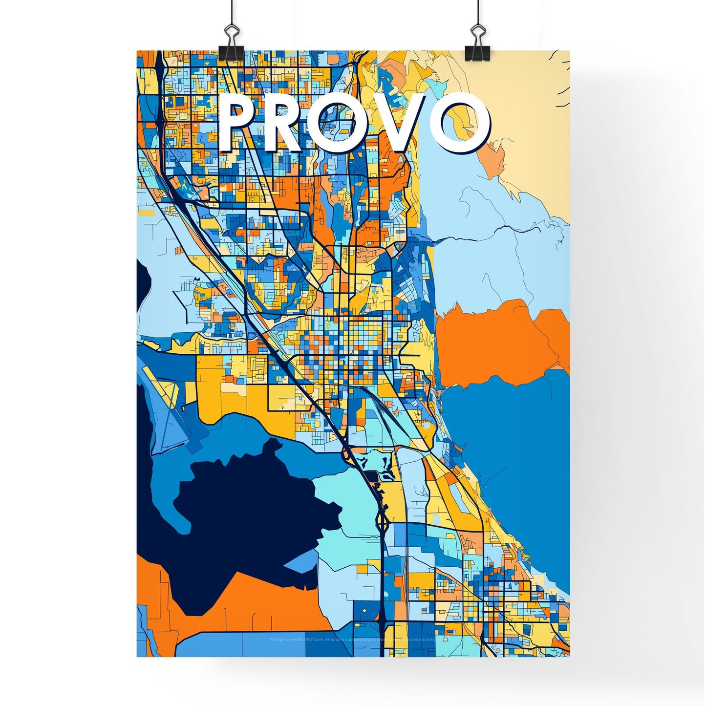 PROVO UTAH Vibrant Colorful Art Map Poster Blue Orange