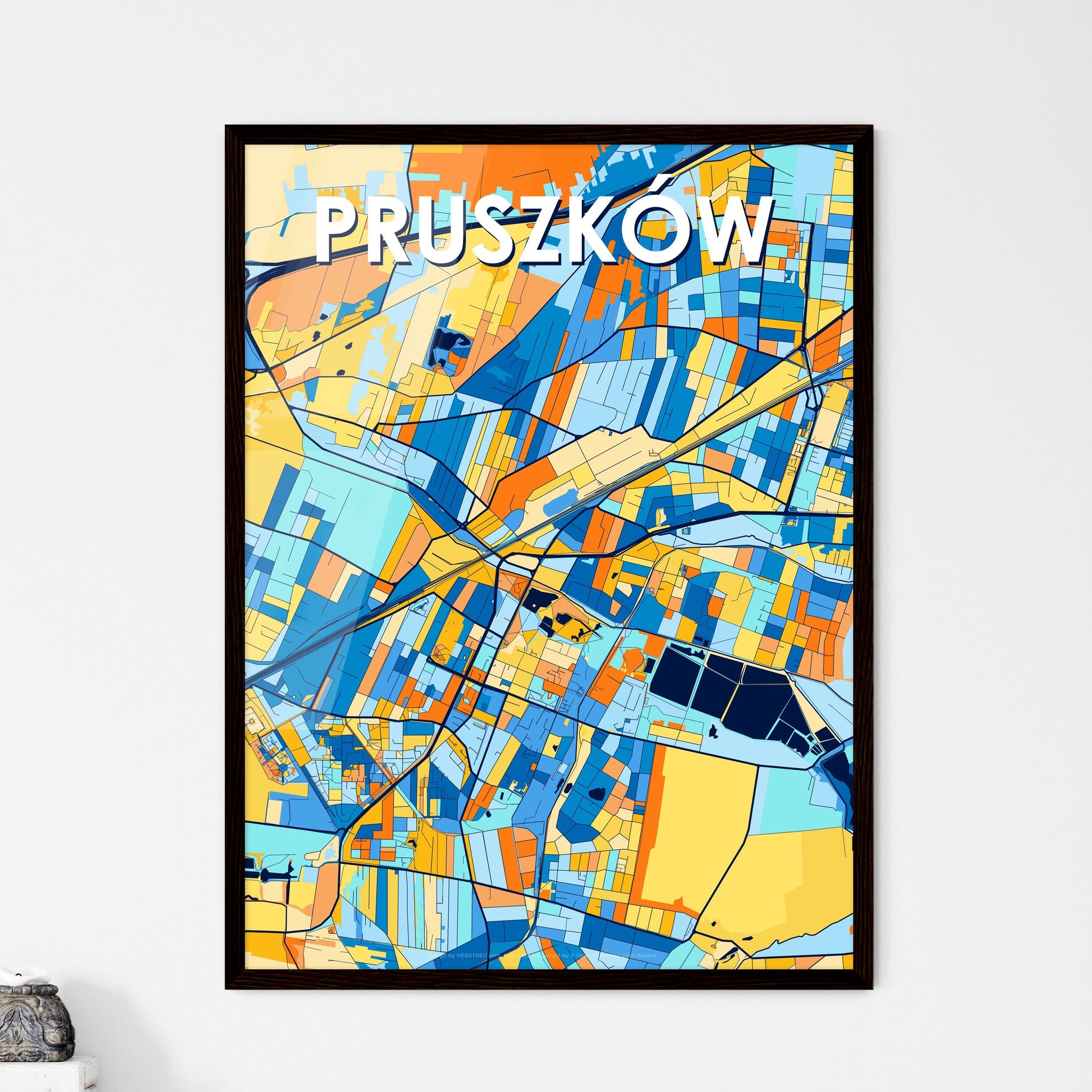 PRUSZKÓW POLAND Vibrant Colorful Art Map Poster Blue Orange