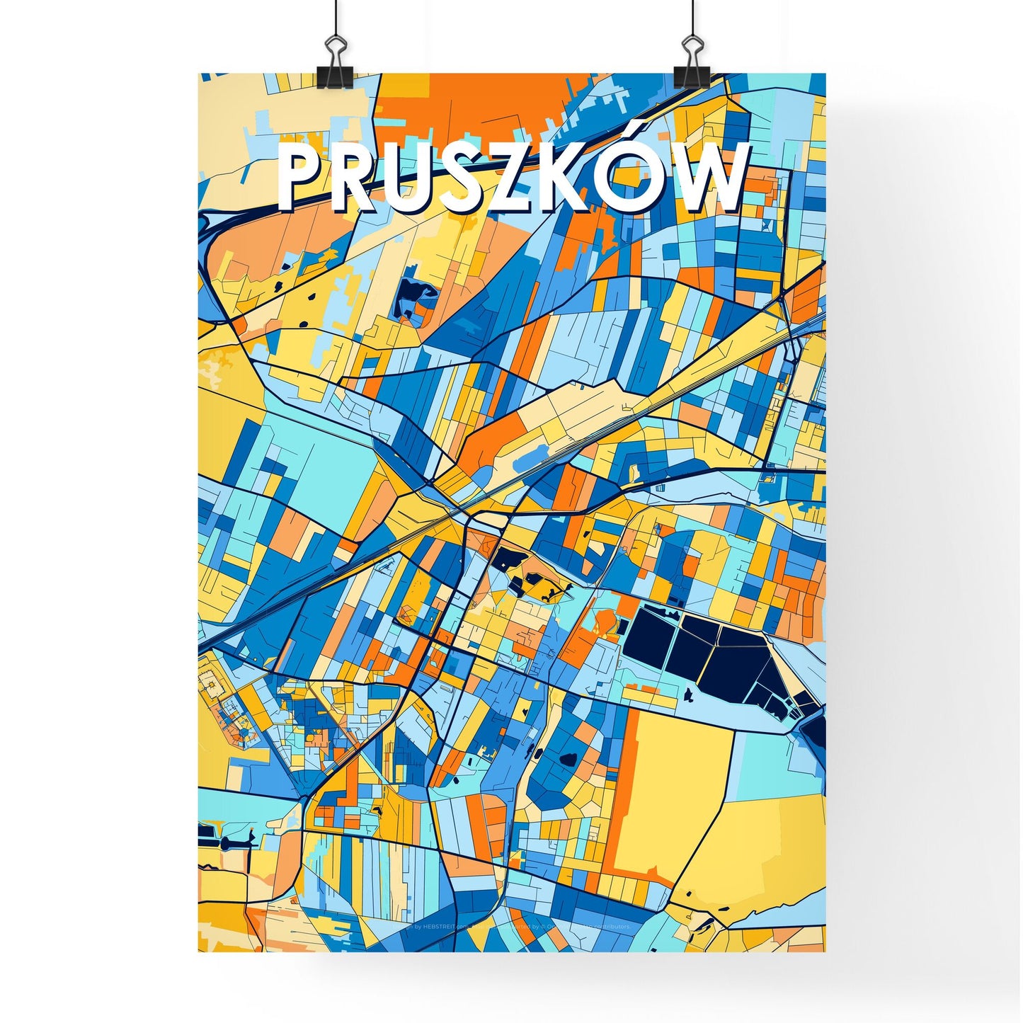 PRUSZKÓW POLAND Vibrant Colorful Art Map Poster Blue Orange