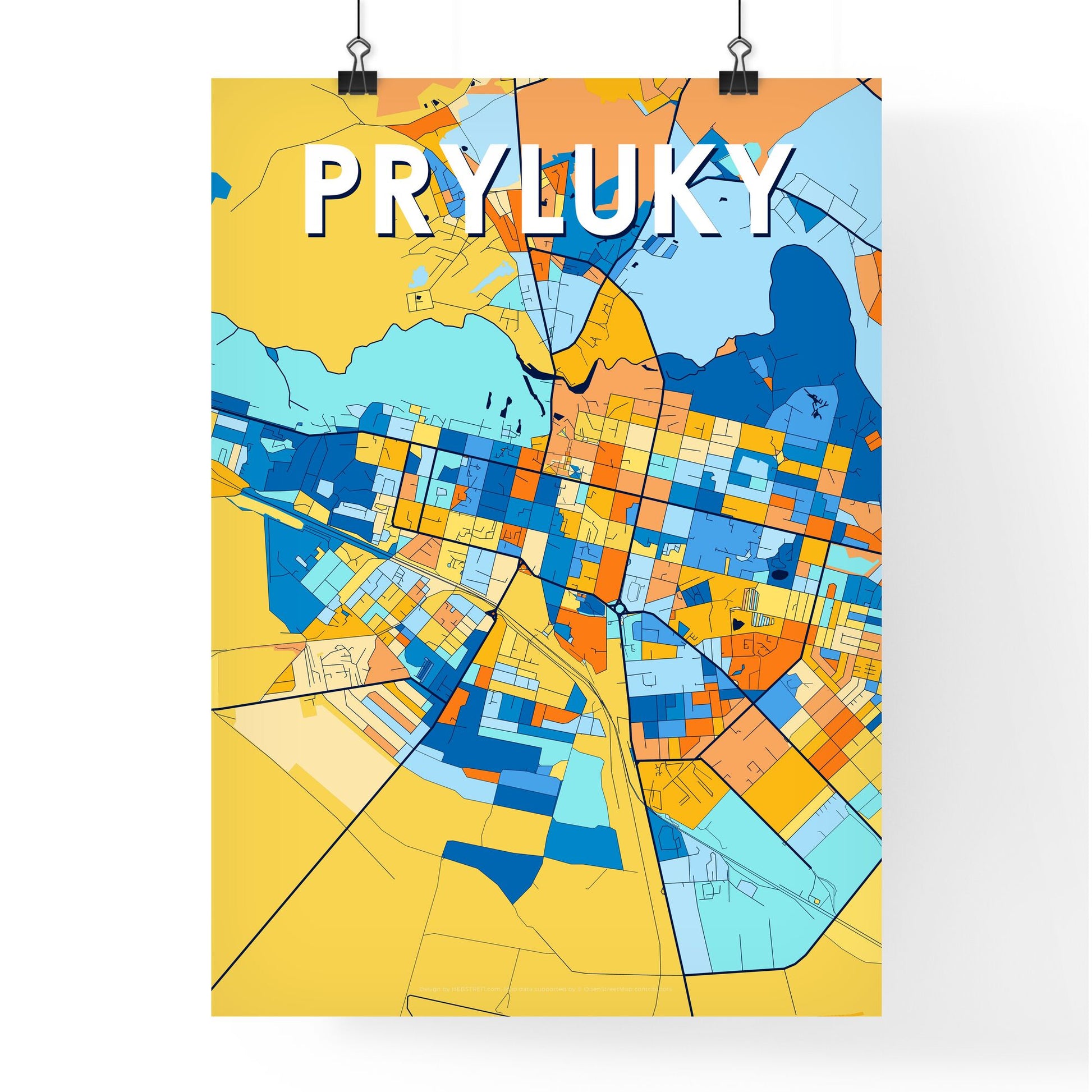 PRYLUKY UKRAINE Vibrant Colorful Art Map Poster Blue Orange