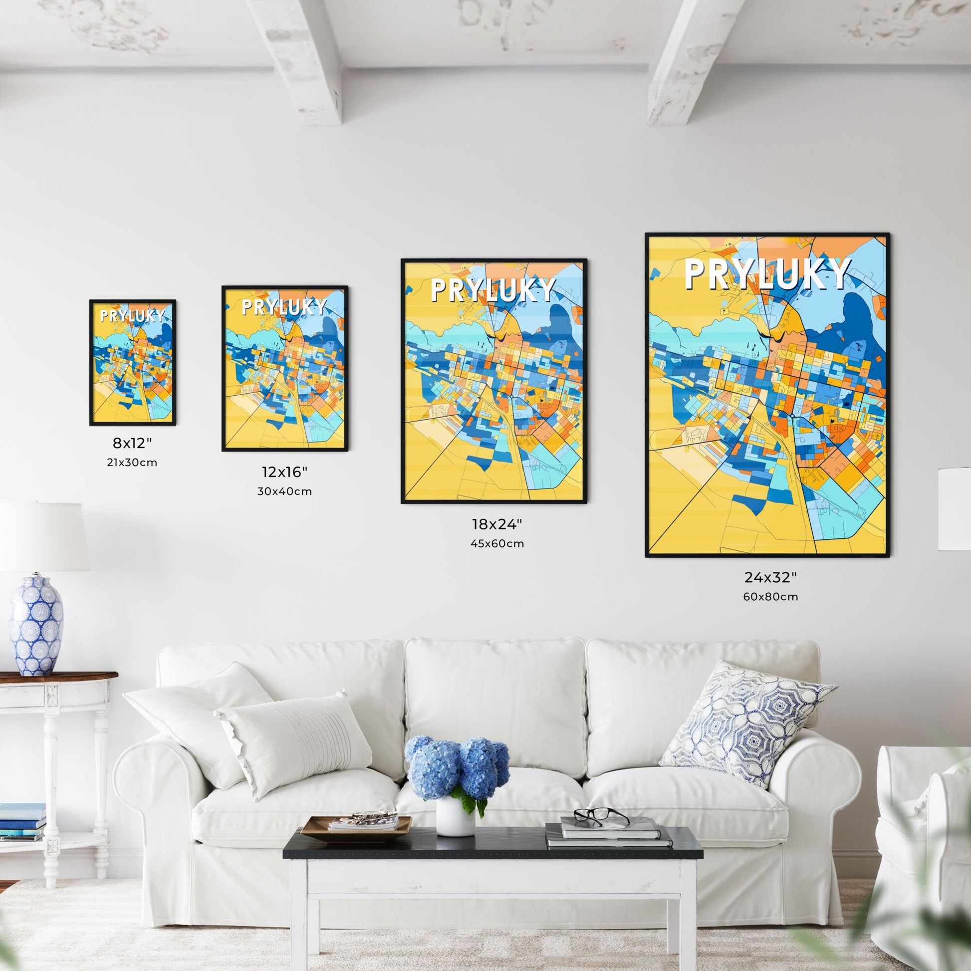 PRYLUKY UKRAINE Vibrant Colorful Art Map Poster Blue Orange